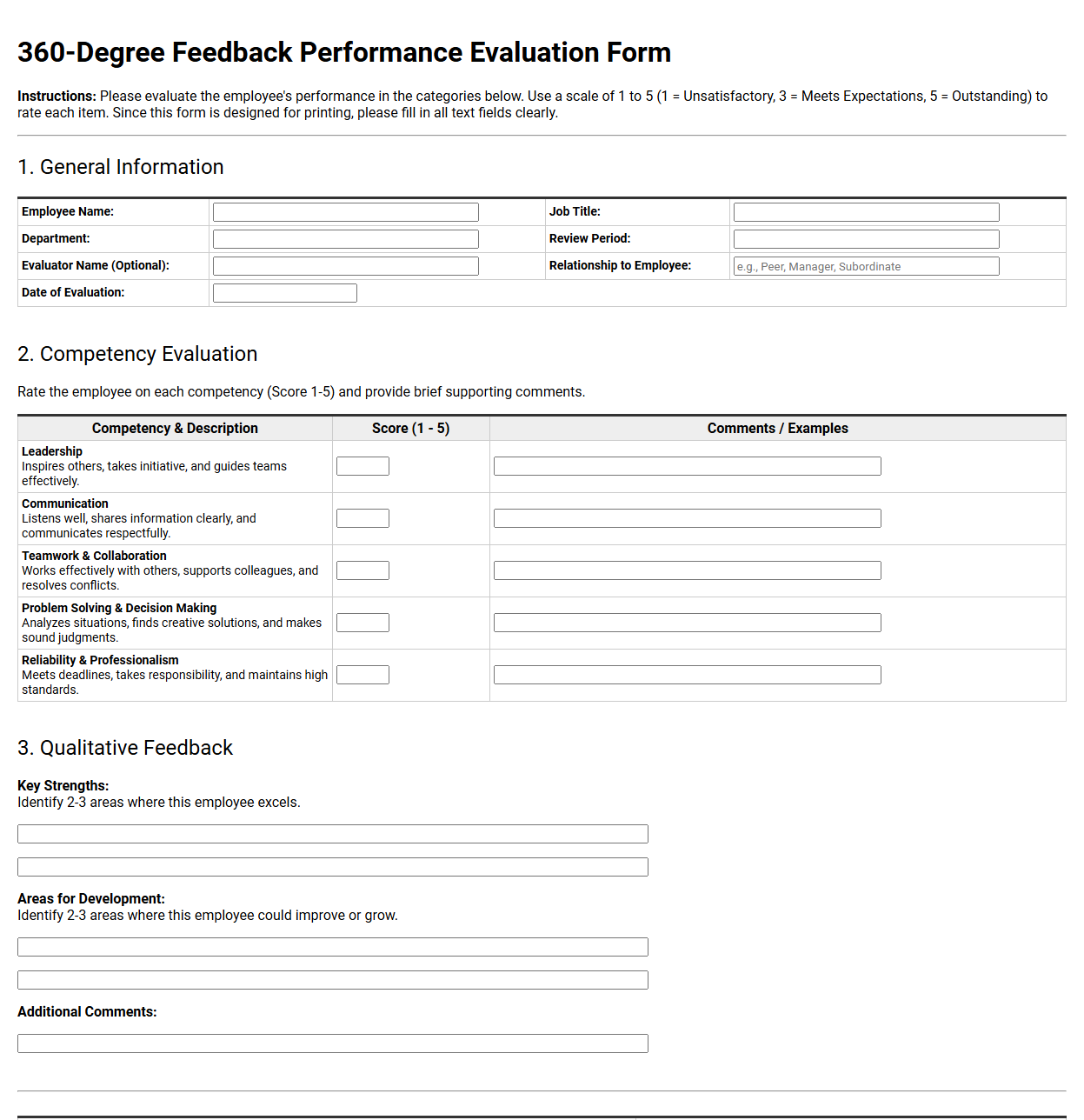 360-Degree Feedback Performance Evaluation Form