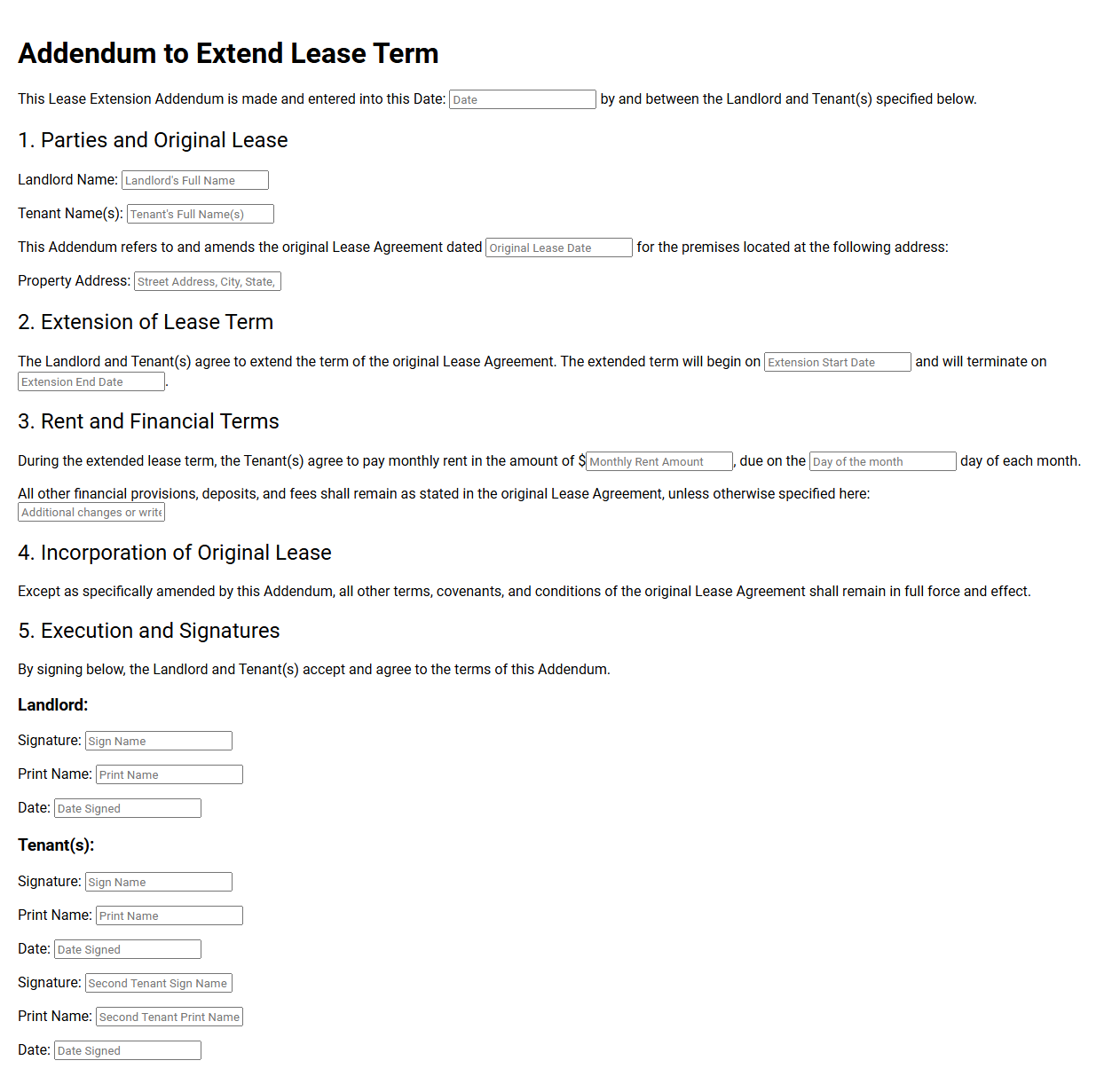 Addendum to Extend Lease Term