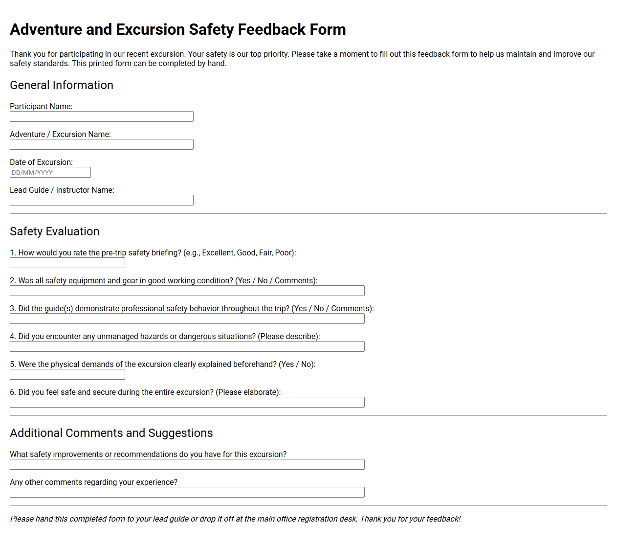 Adventure and Excursion Safety Feedback Form