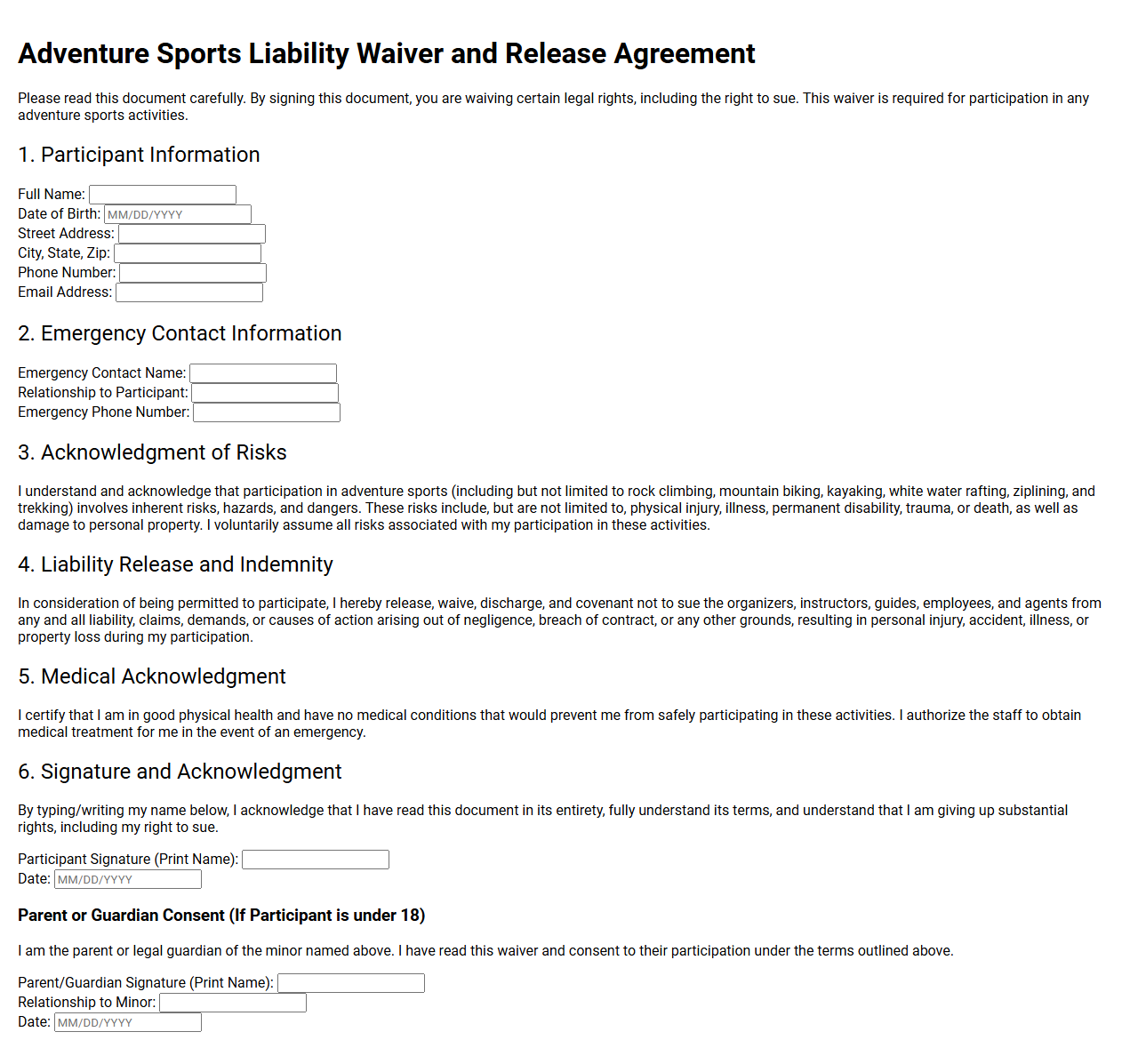 Adventure Sports Liability Waiver Template
