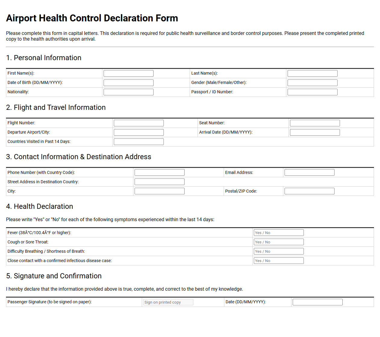 Airport Health Control Declaration Form