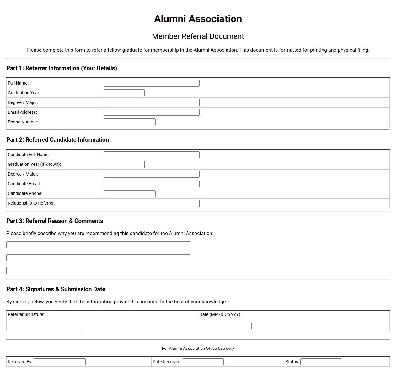 Alumni Association Member Referral Document