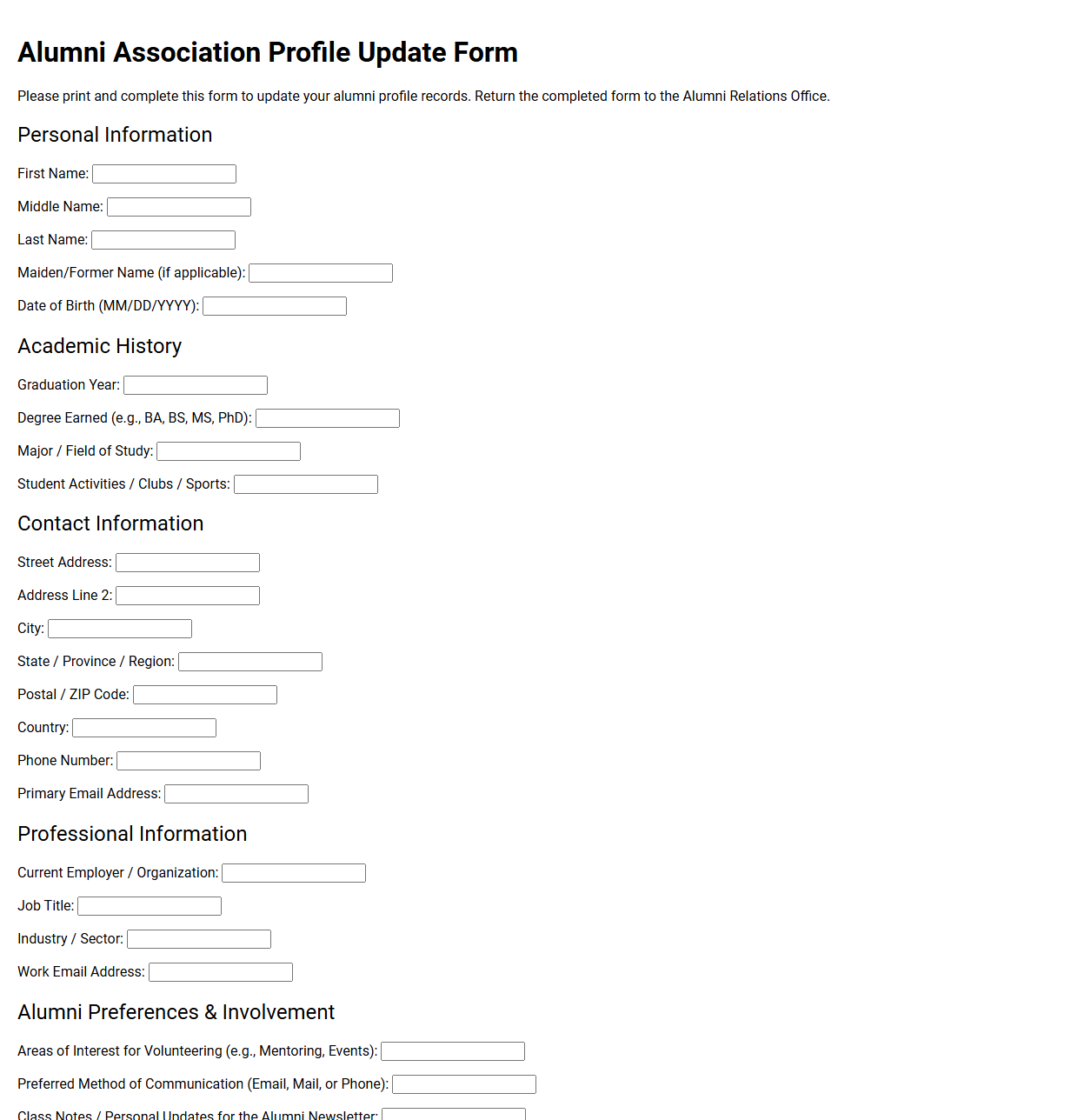 Alumni Association Profile Update Form