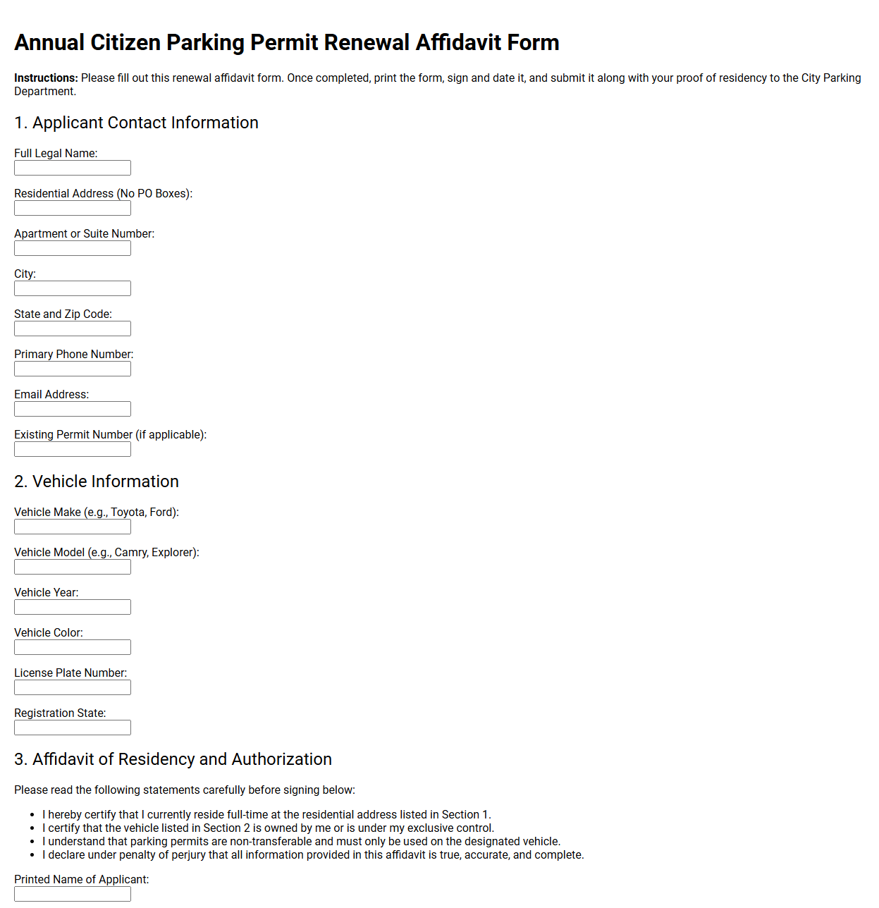 Annual Citizen Parking Permit Renewal Affidavit Form