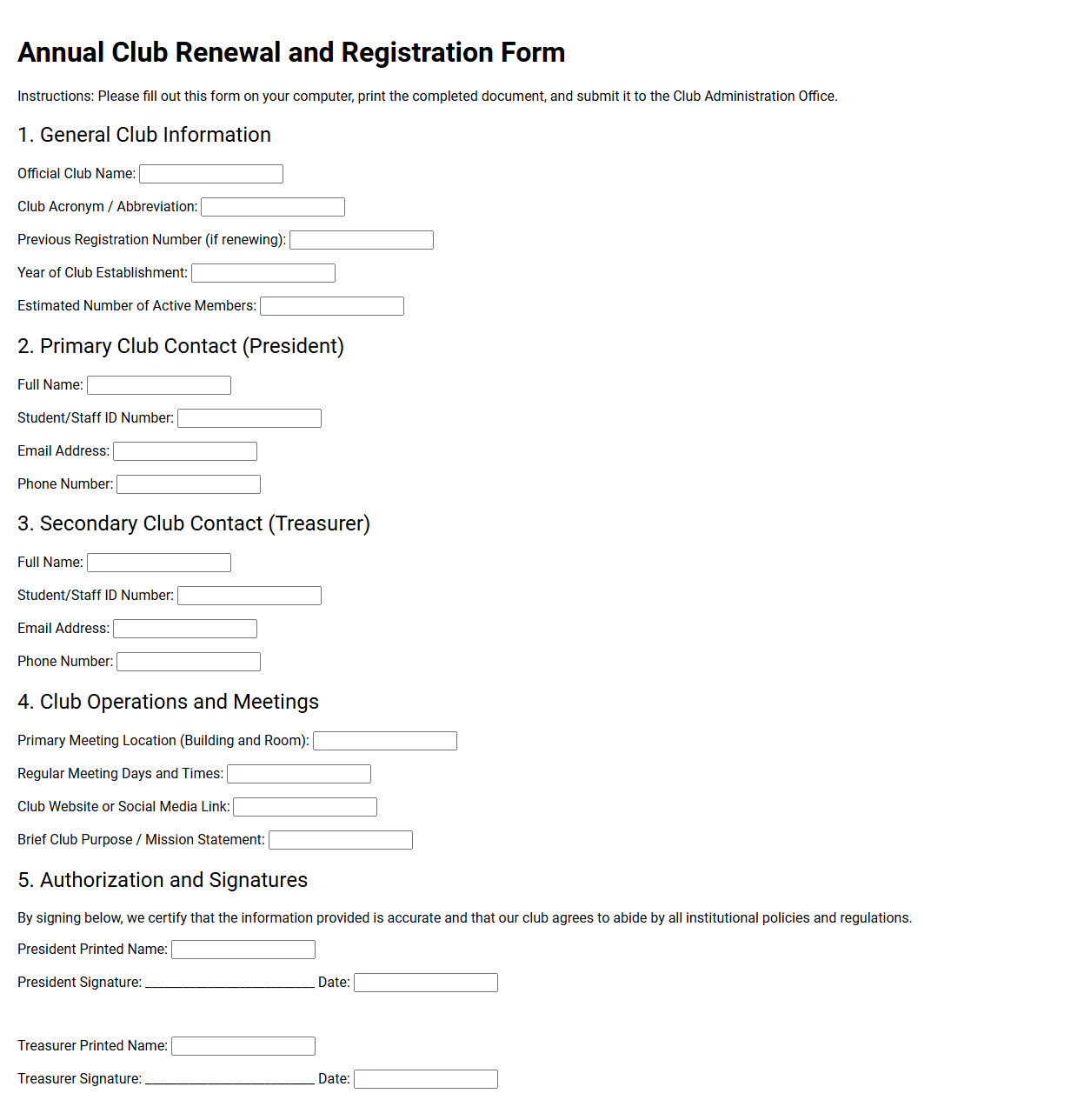 Annual Club Renewal and Registration Form