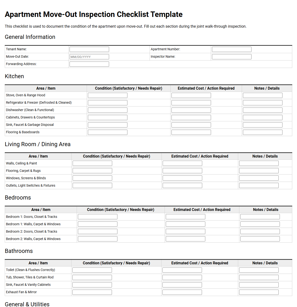 Apartment Move-Out Inspection Checklist Template