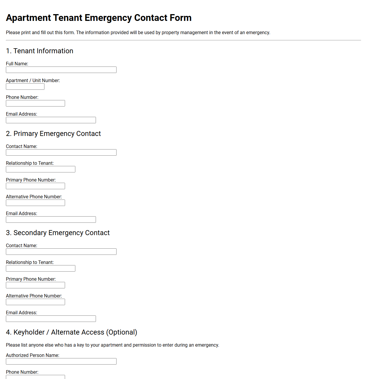 Apartment Tenant Emergency Contact Form