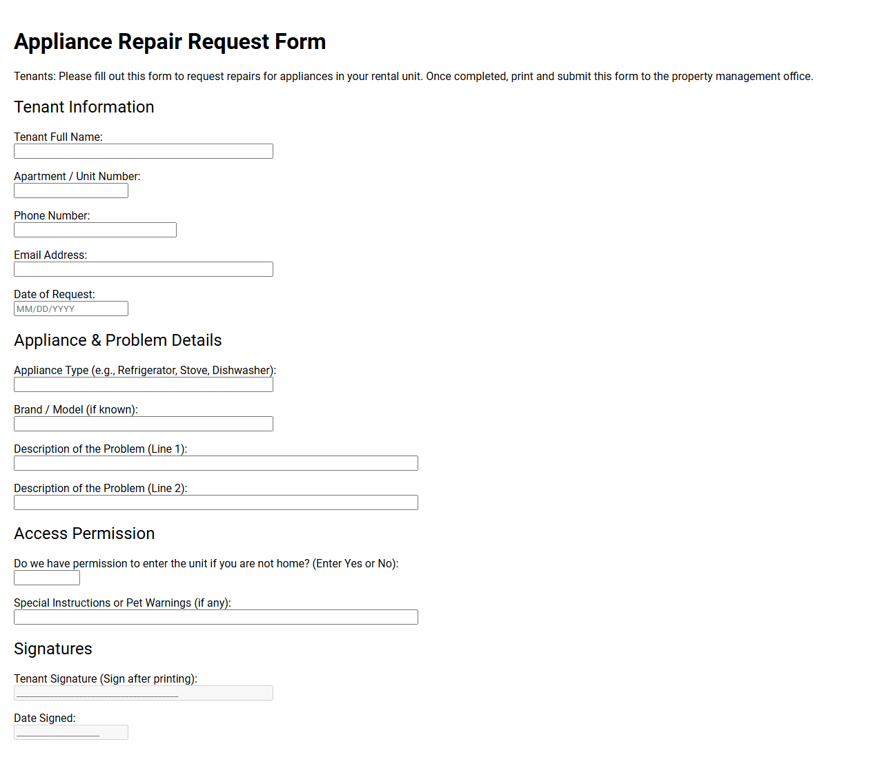 Appliance Repair Request Form for Tenants