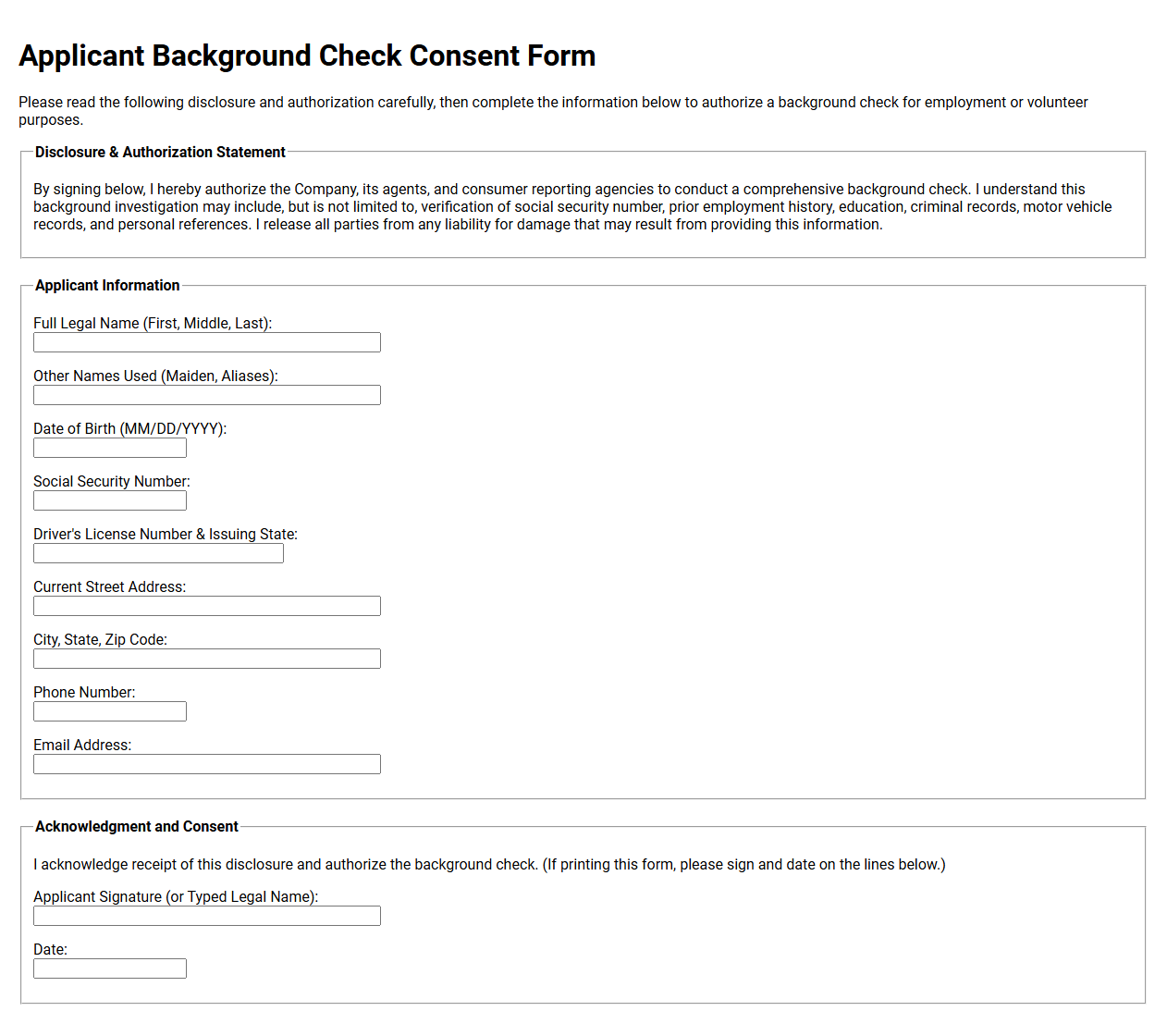 Applicant Background Check Consent Form