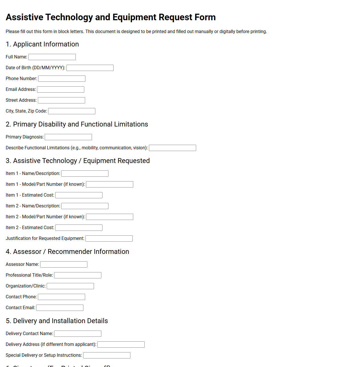 Assistive Technology and Equipment Request Form