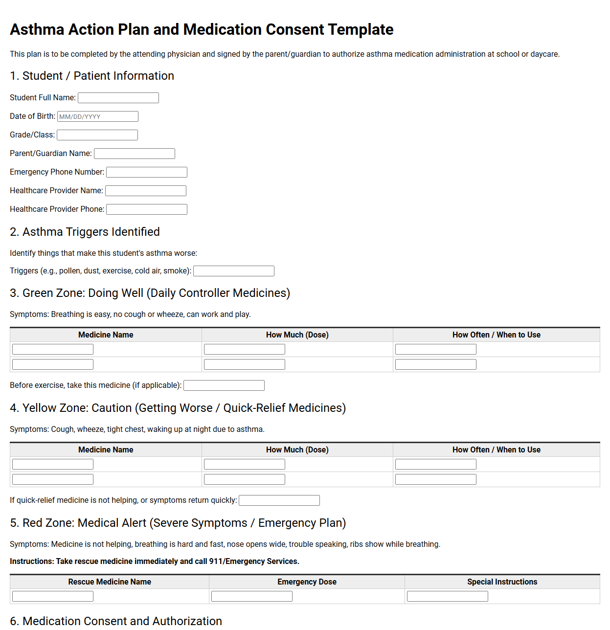 Asthma Action Plan and Medication Consent Template