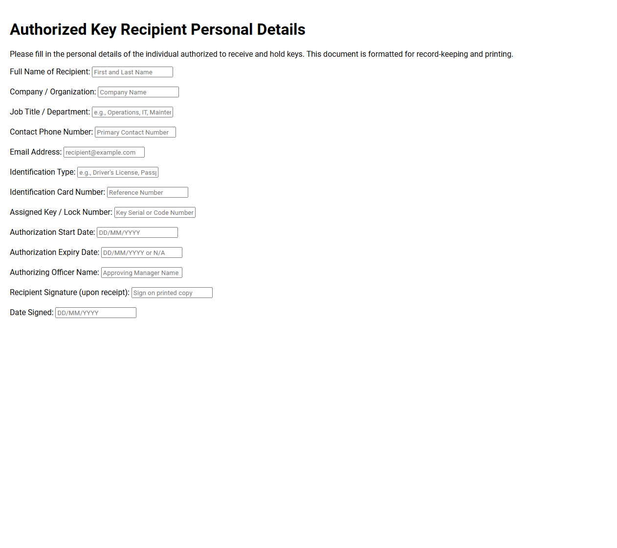Authorized Key Recipient Personal Details