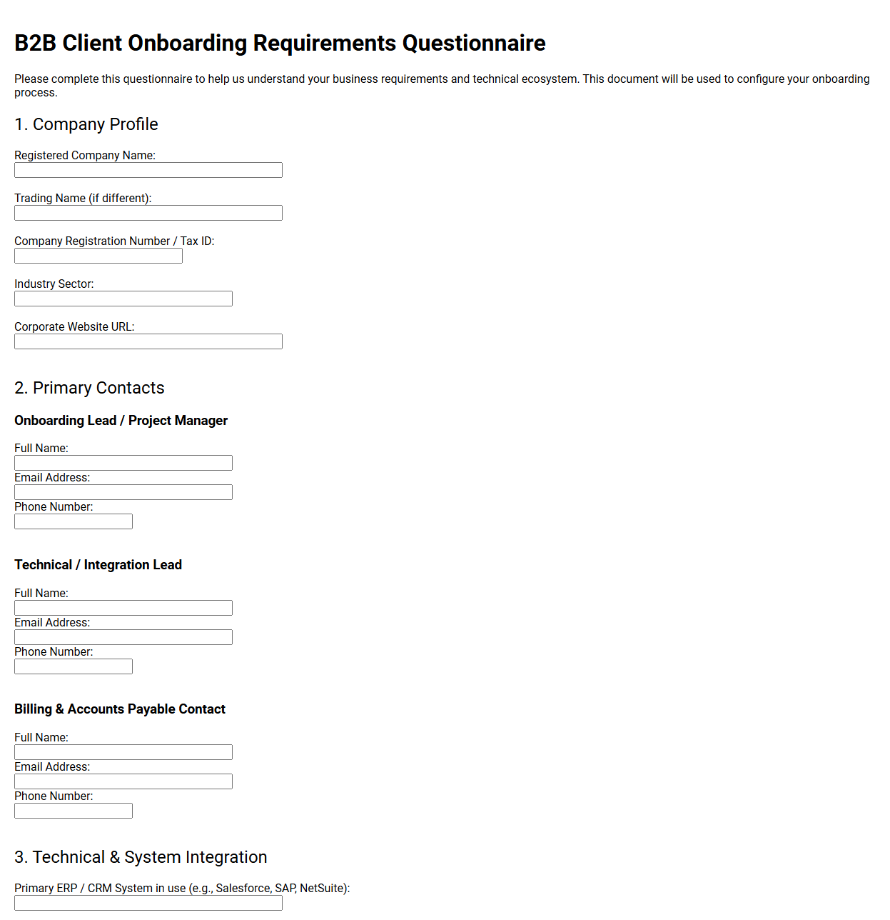 B2B Client Onboarding Requirements Questionnaire