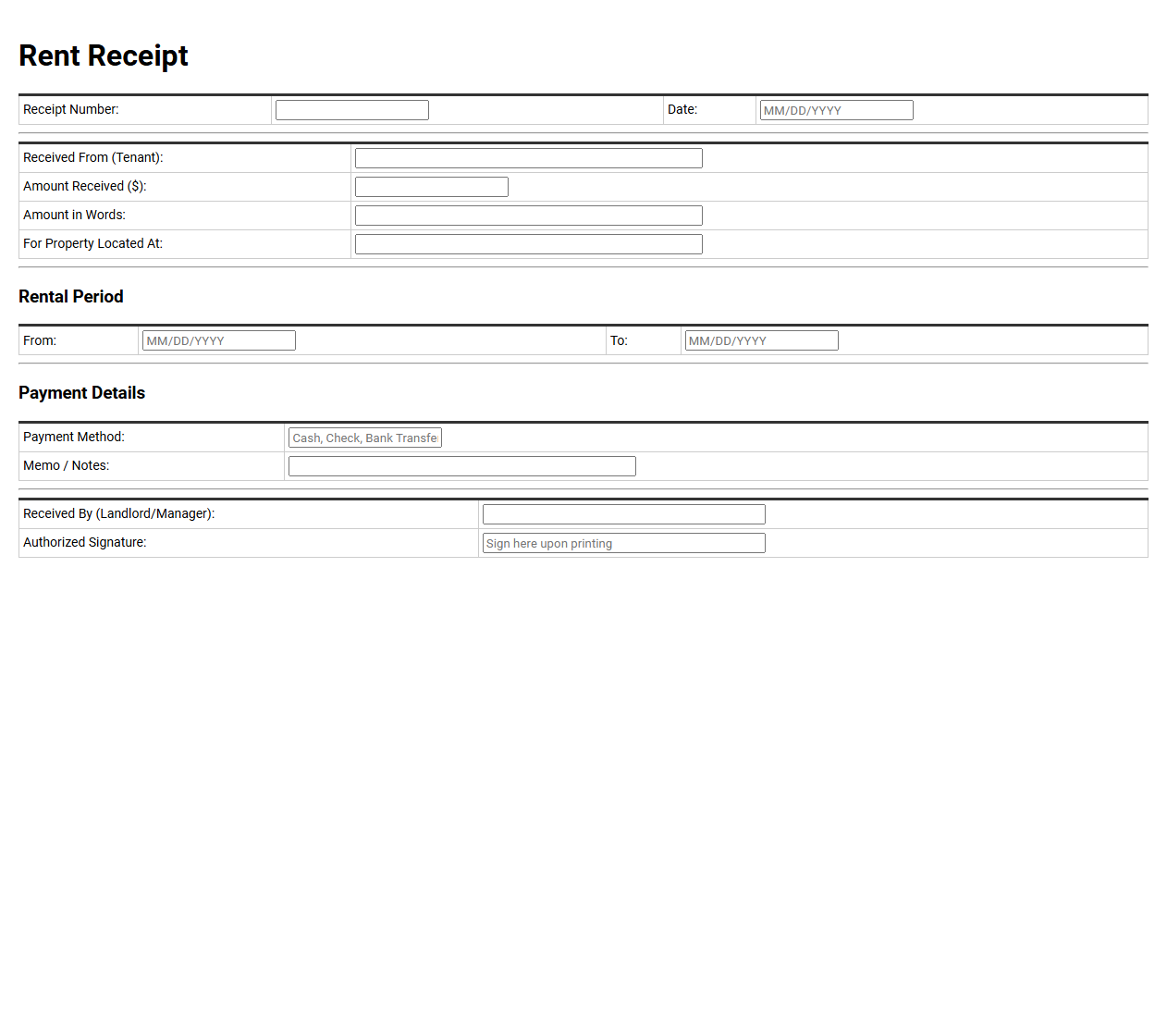 Basic Rent Receipt Template