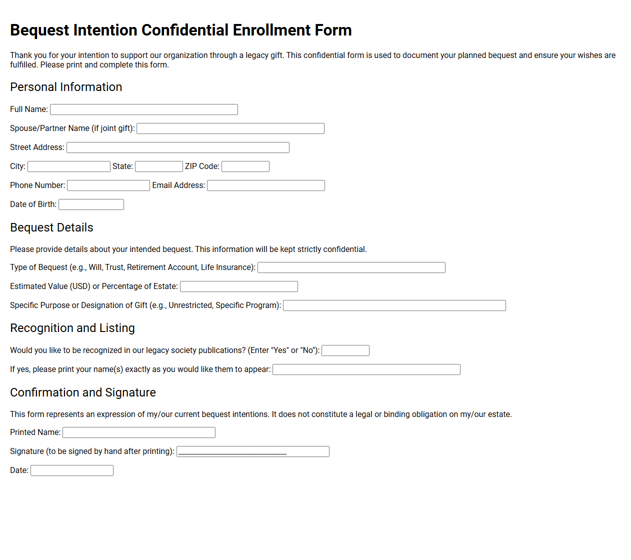 Bequest Intention Confidential Enrollment Form