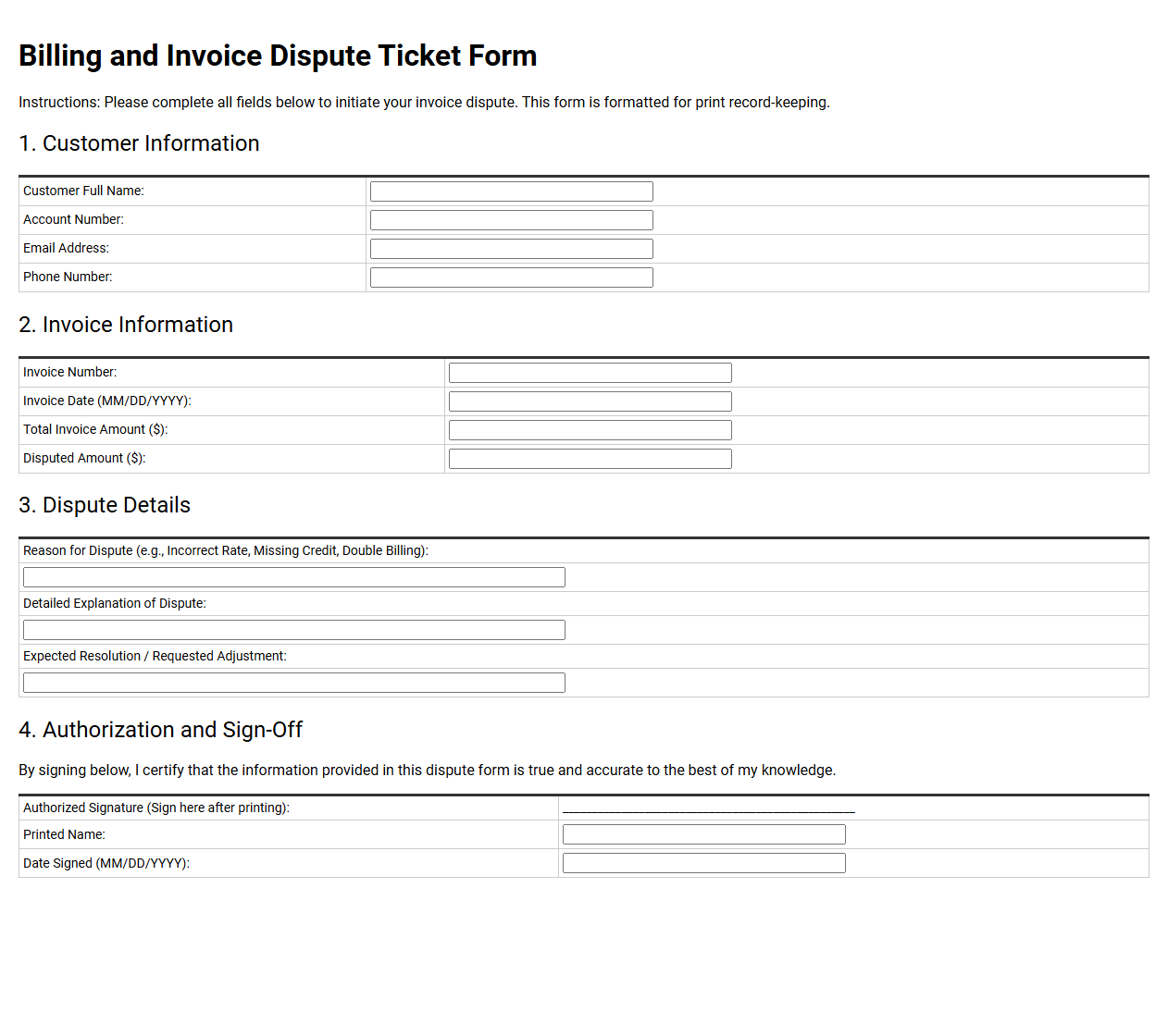 Billing and Invoice Dispute Ticket Form