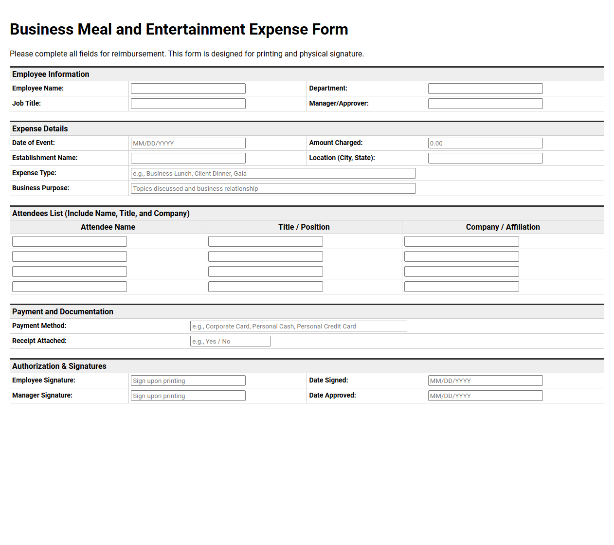 Business Meal and Entertainment Expense Form