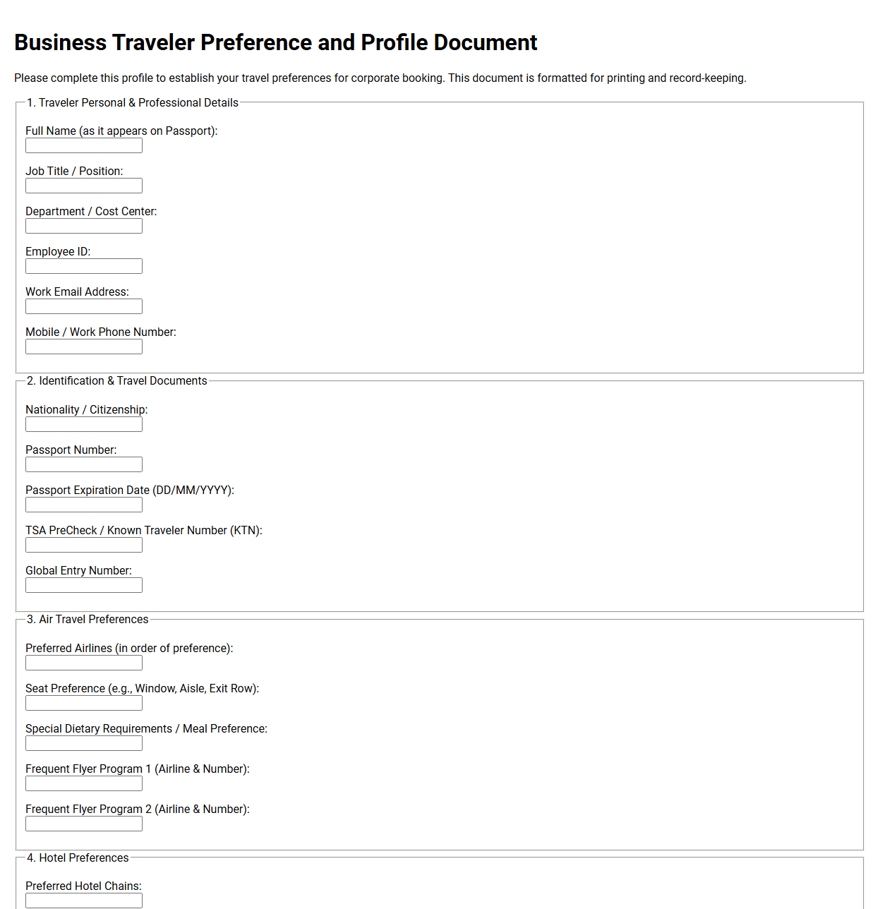 Business Traveler Preference and Profile Document