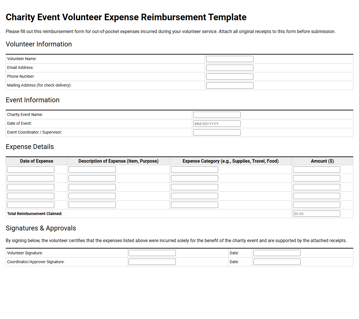Charity Event Volunteer Expense Reimbursement Template