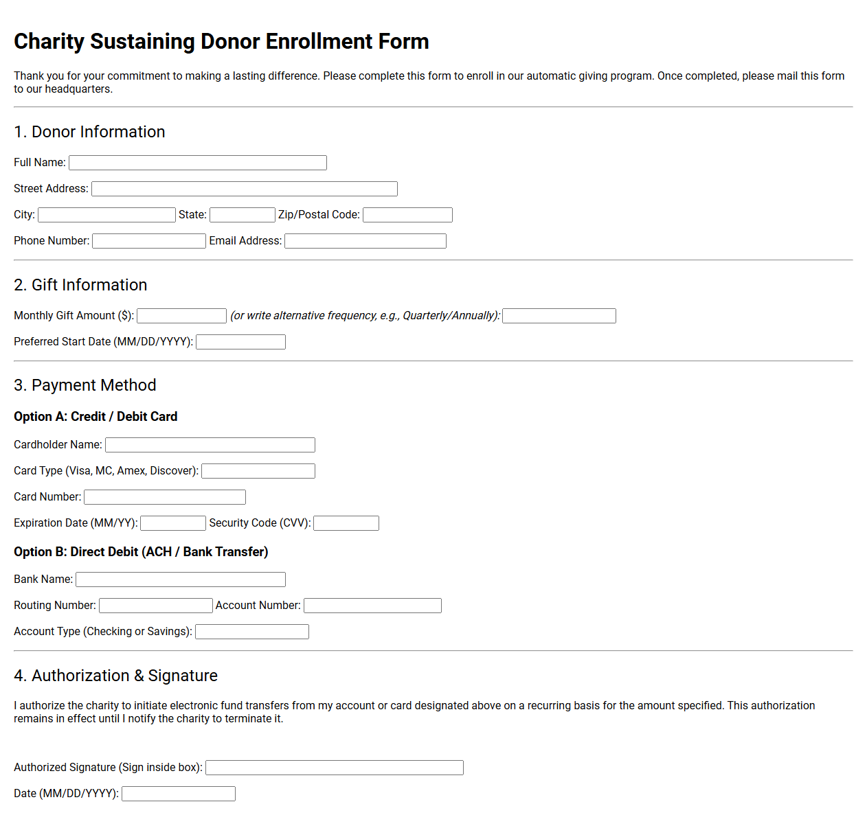 Charity Sustaining Donor Enrollment Form