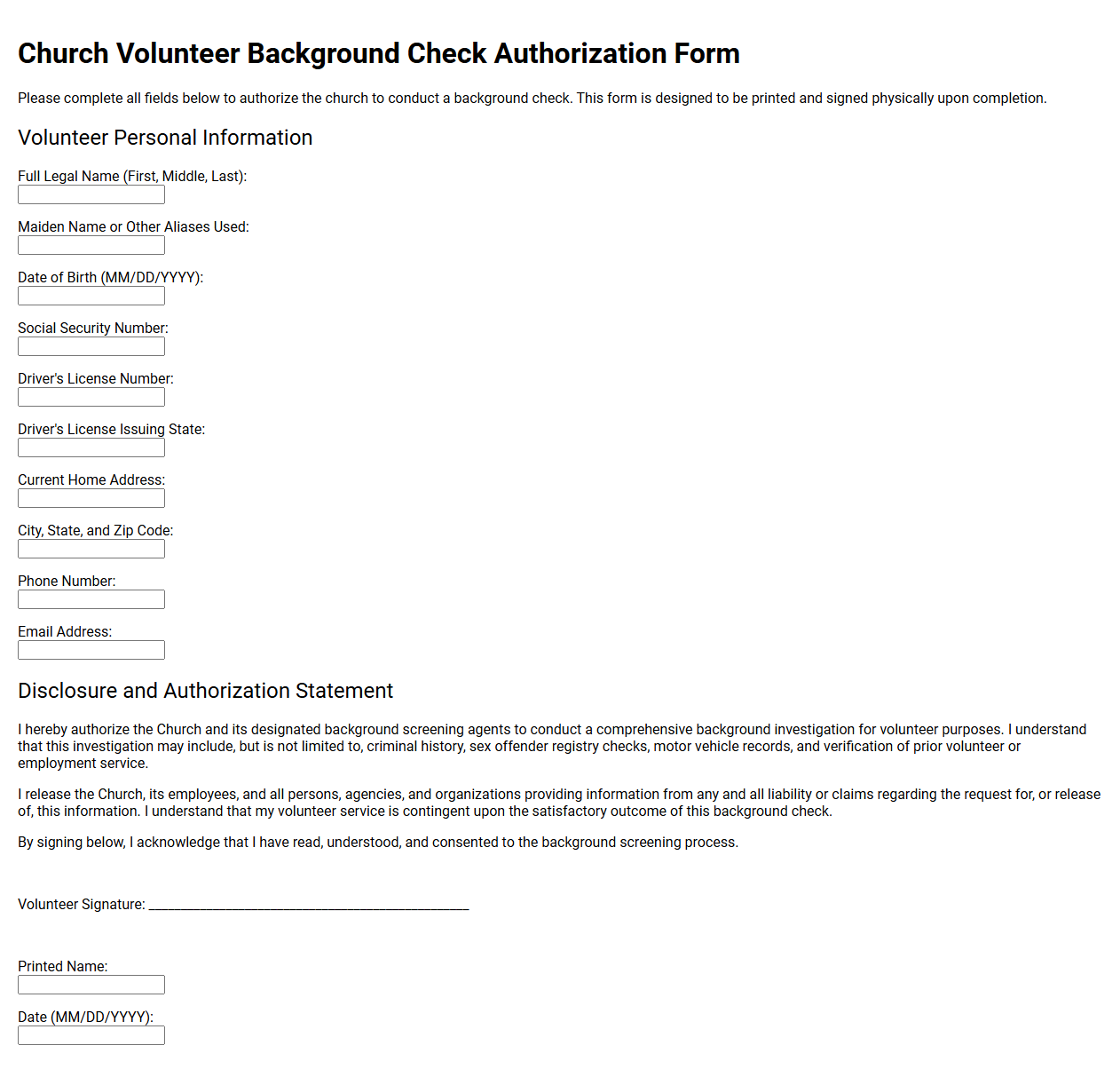 Church Volunteer Background Check Authorization Form