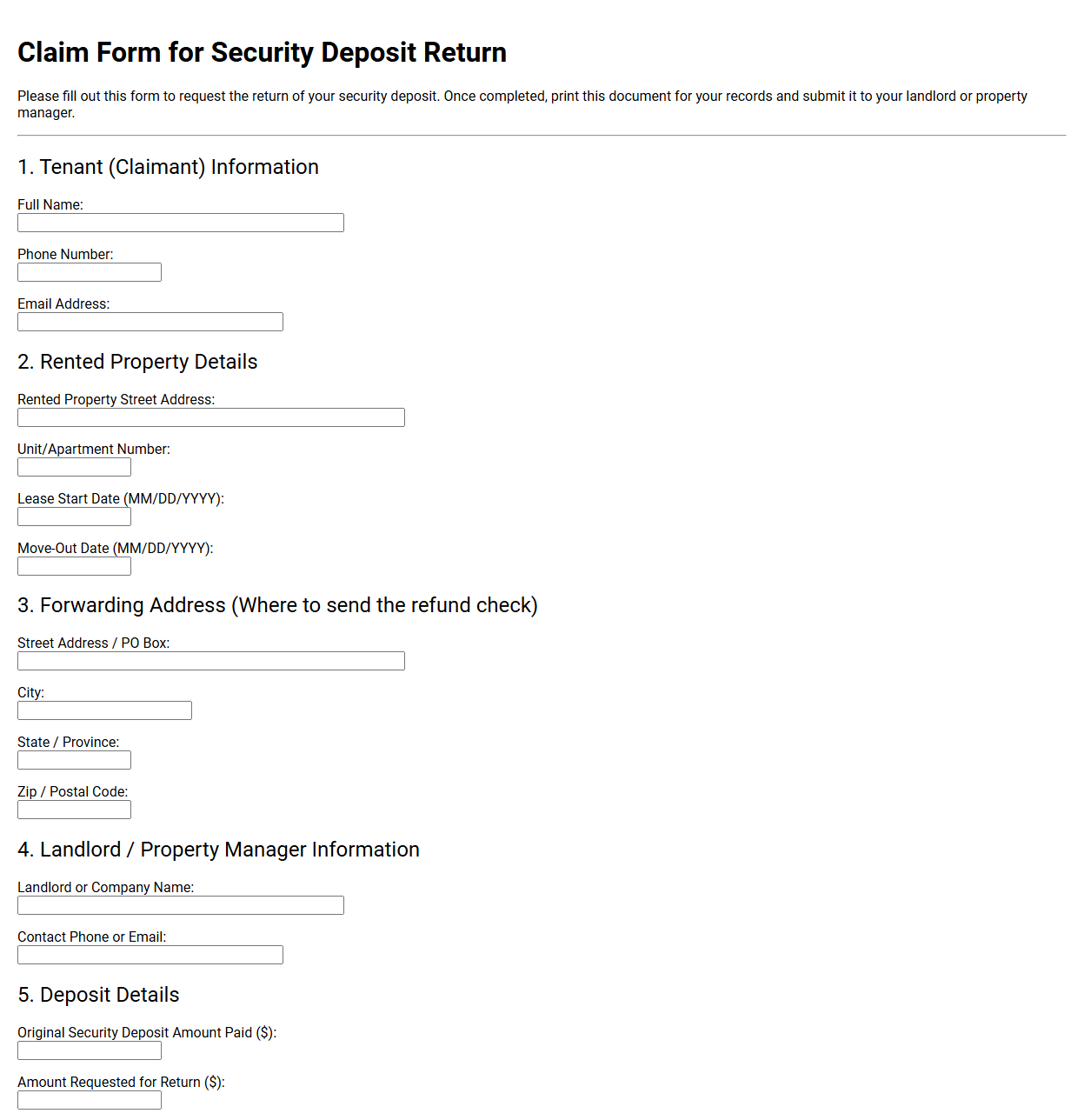 Claim Form for Security Deposit Return