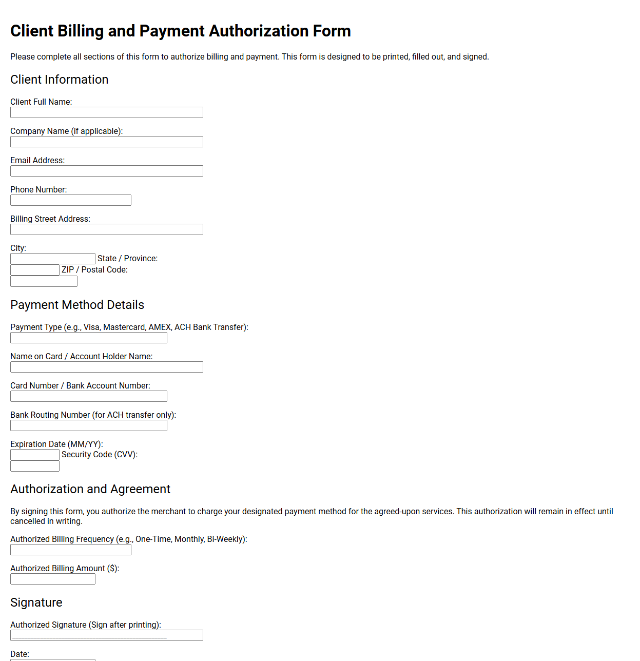 Client Billing and Payment Authorization Form