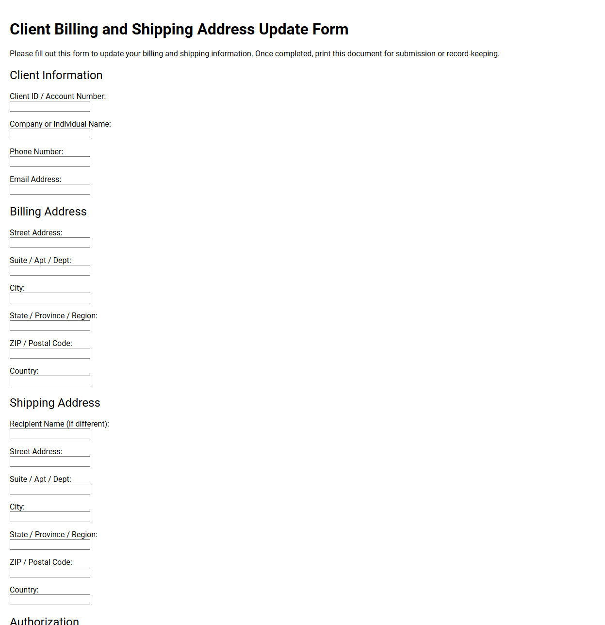 Client Billing and Shipping Address Update Form