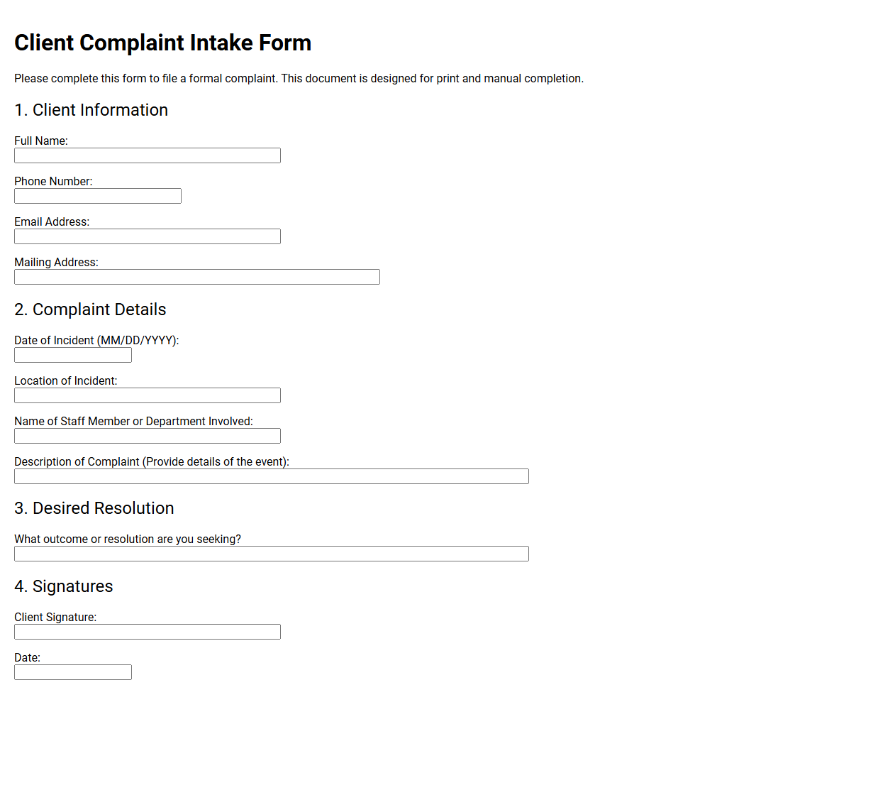 Client Complaint Intake Form