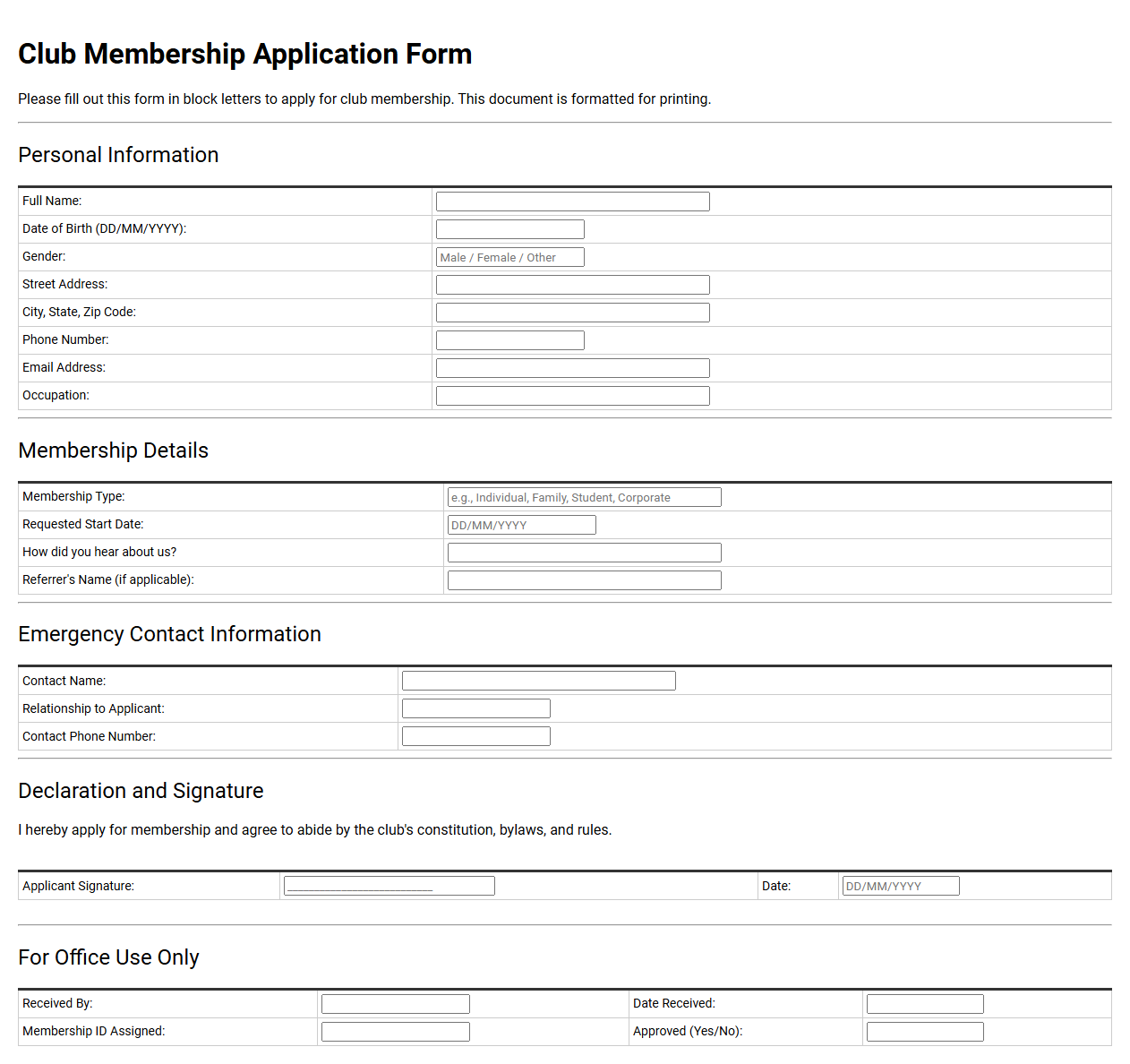 Club Membership Application Form Template