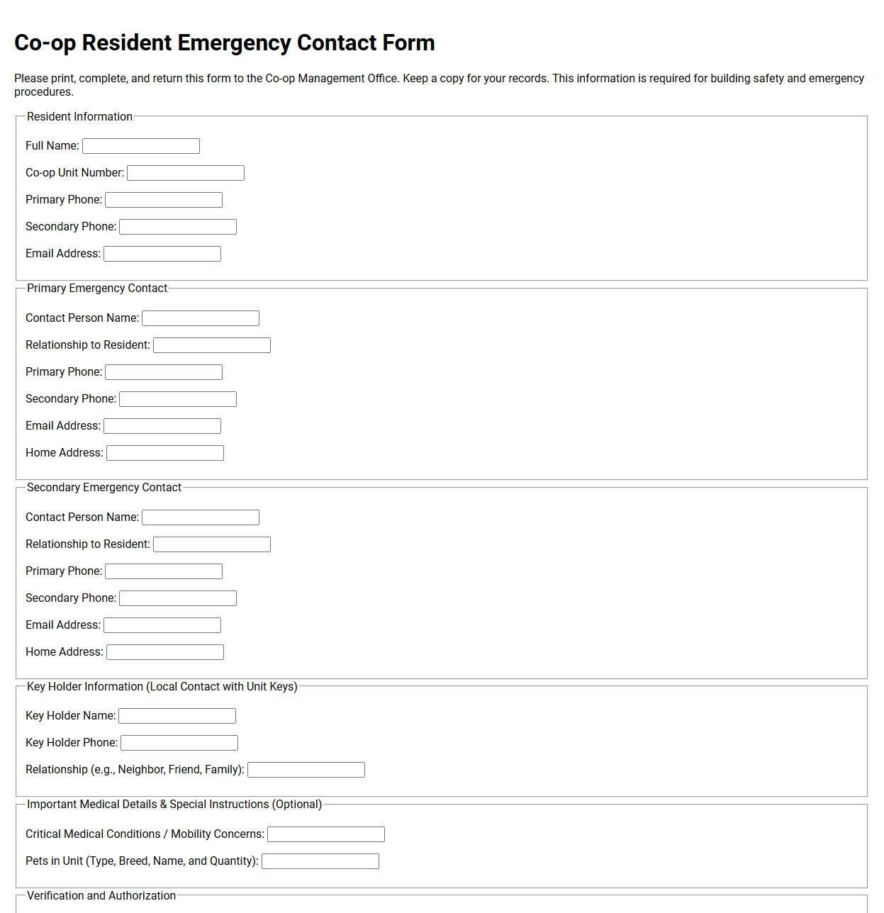 Co-op Resident Emergency Contact Form Template