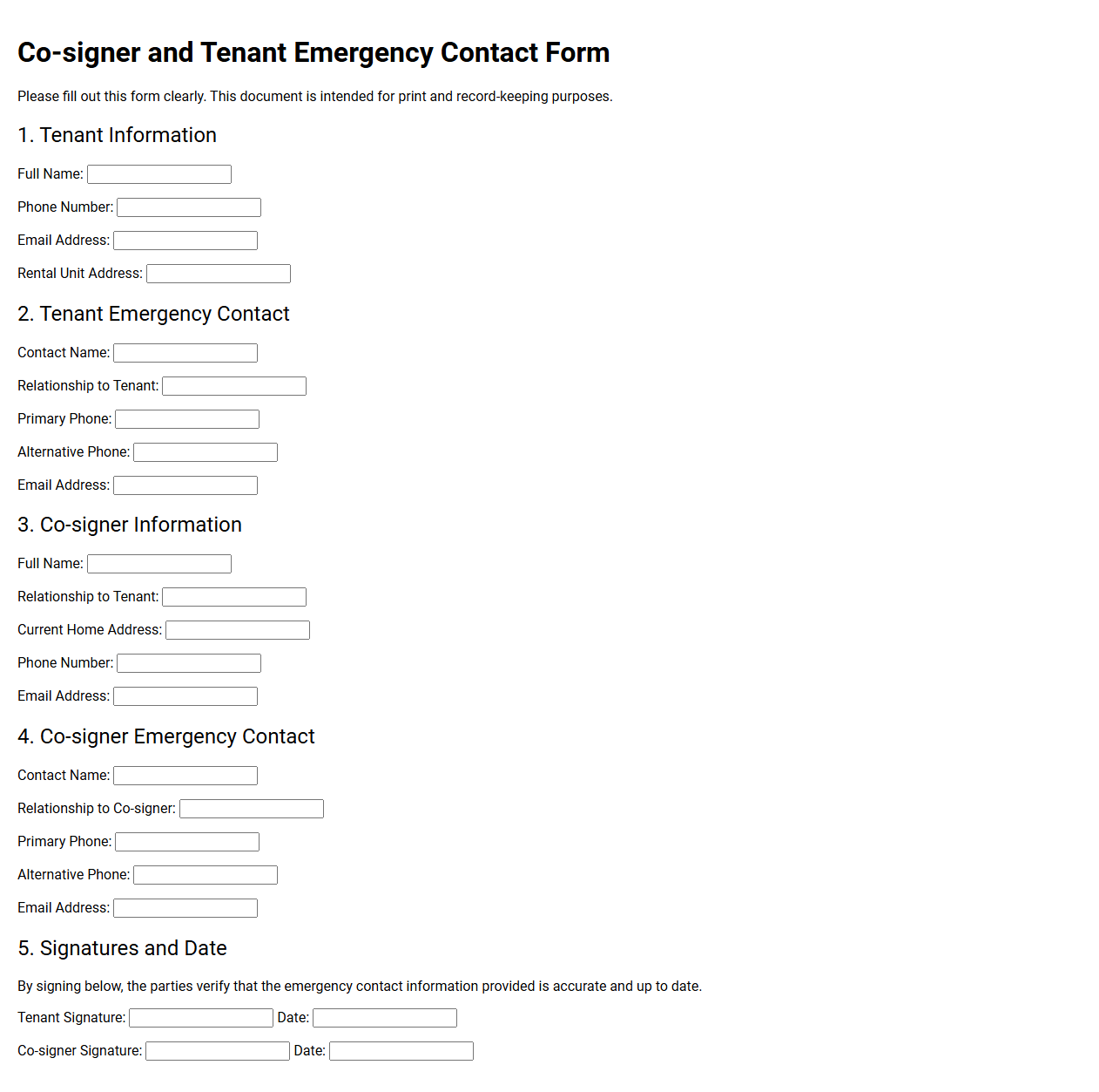 Co-signer and Tenant Emergency Contact Form