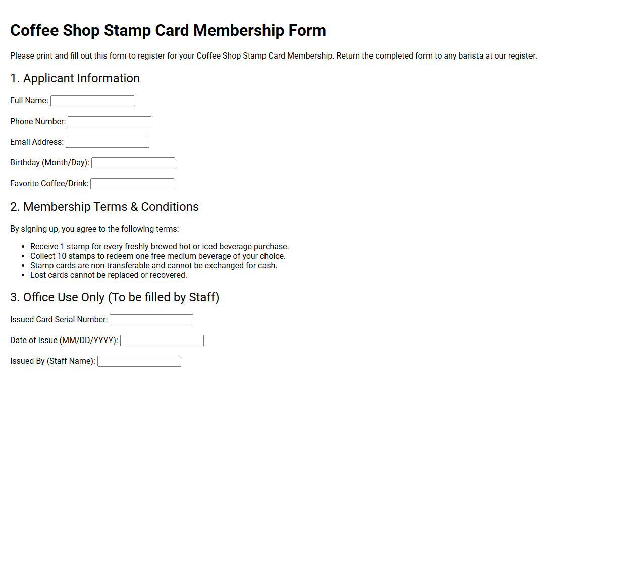 Coffee Shop Stamp Card Membership Form