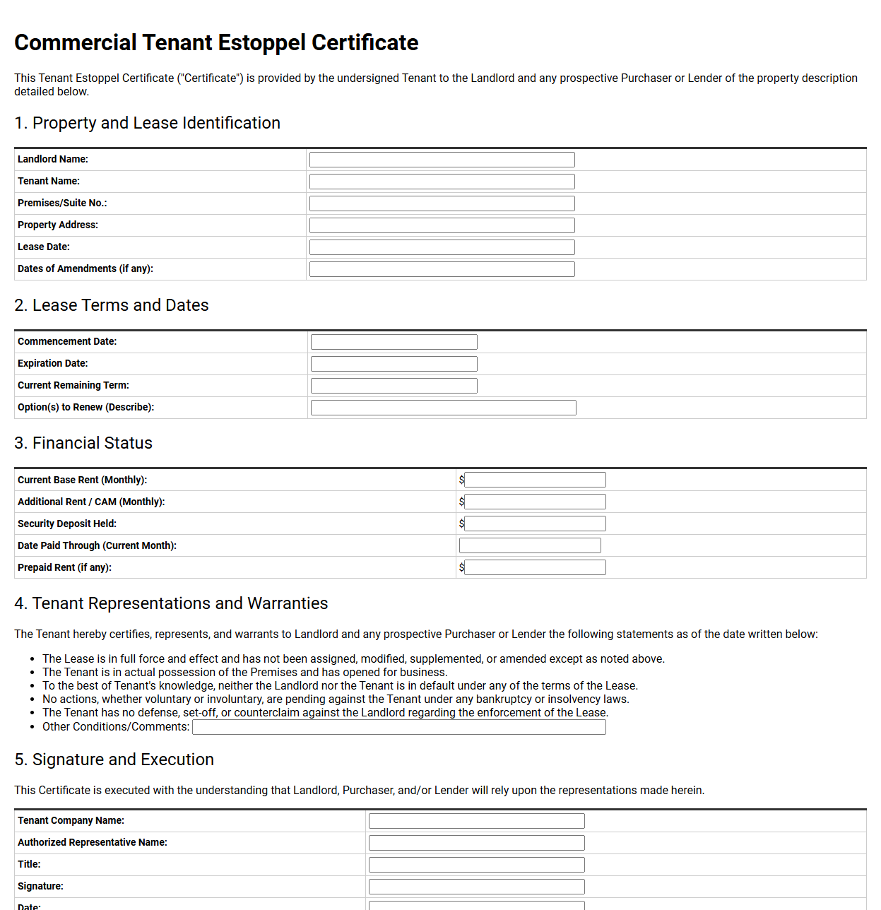 Commercial Tenant Estoppel Certificate Template