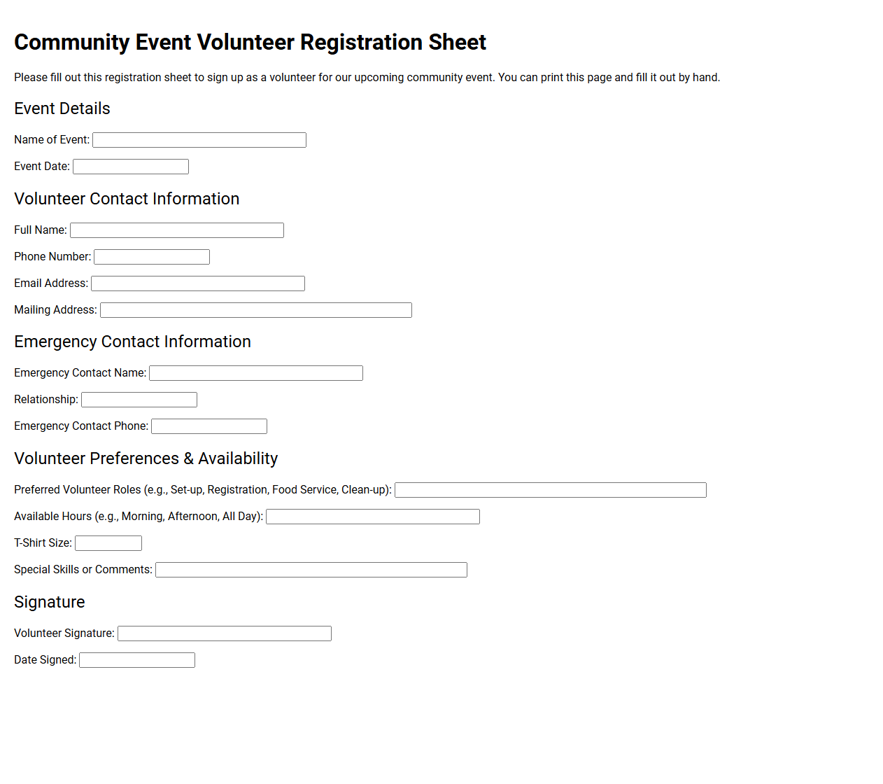 Community Event Volunteer Registration Sheet