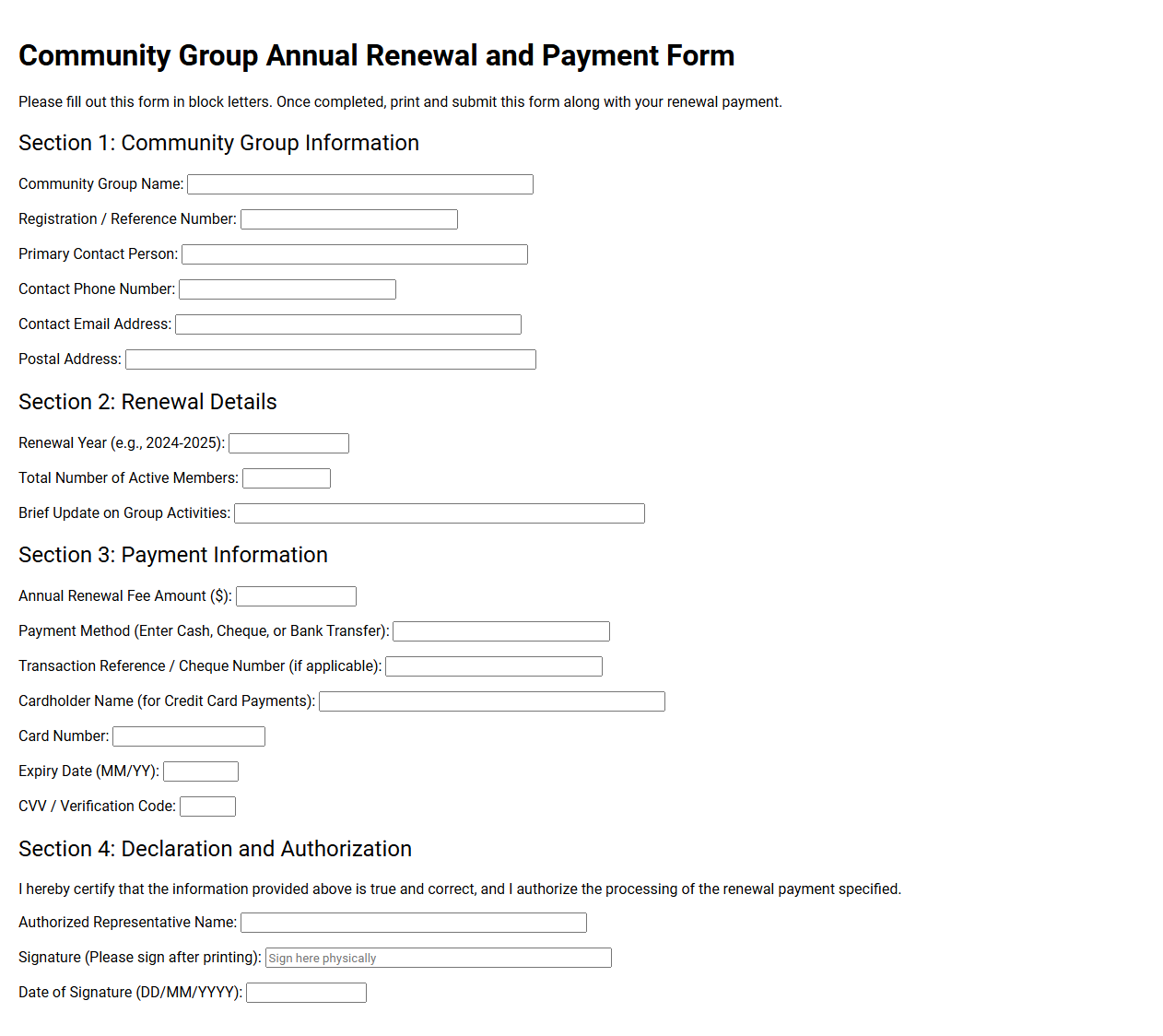 Community Group Annual Renewal and Payment Form