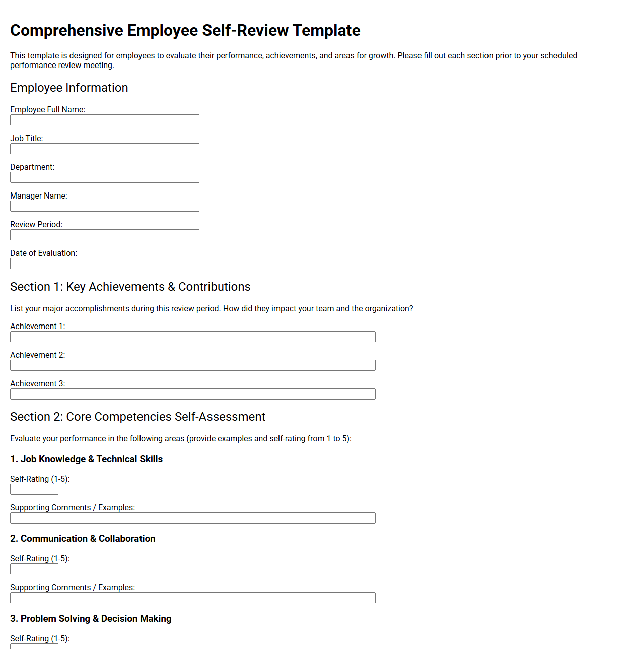 Comprehensive Employee Self Review Template