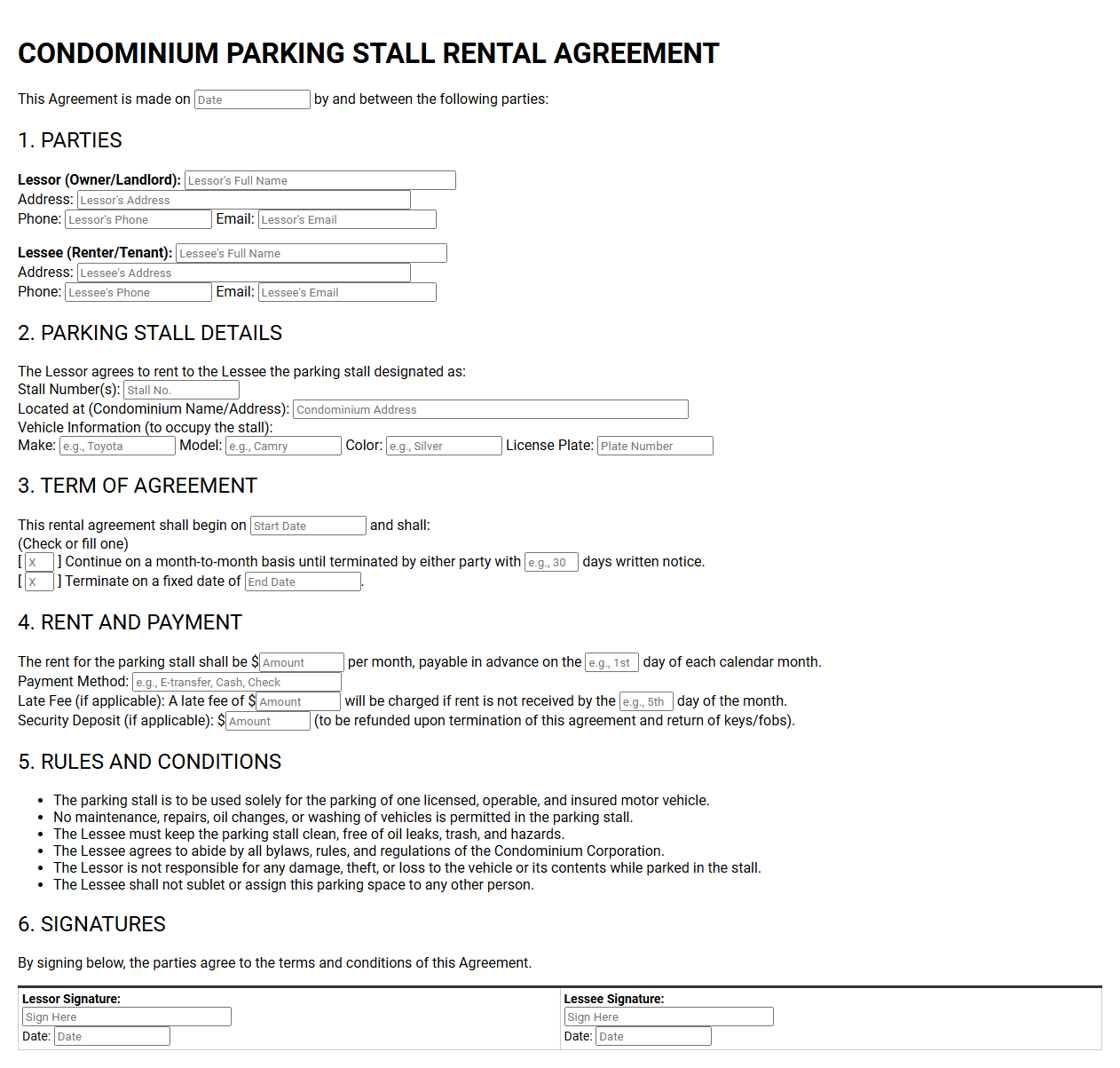 Condominium Parking Stall Rental Agreement Template