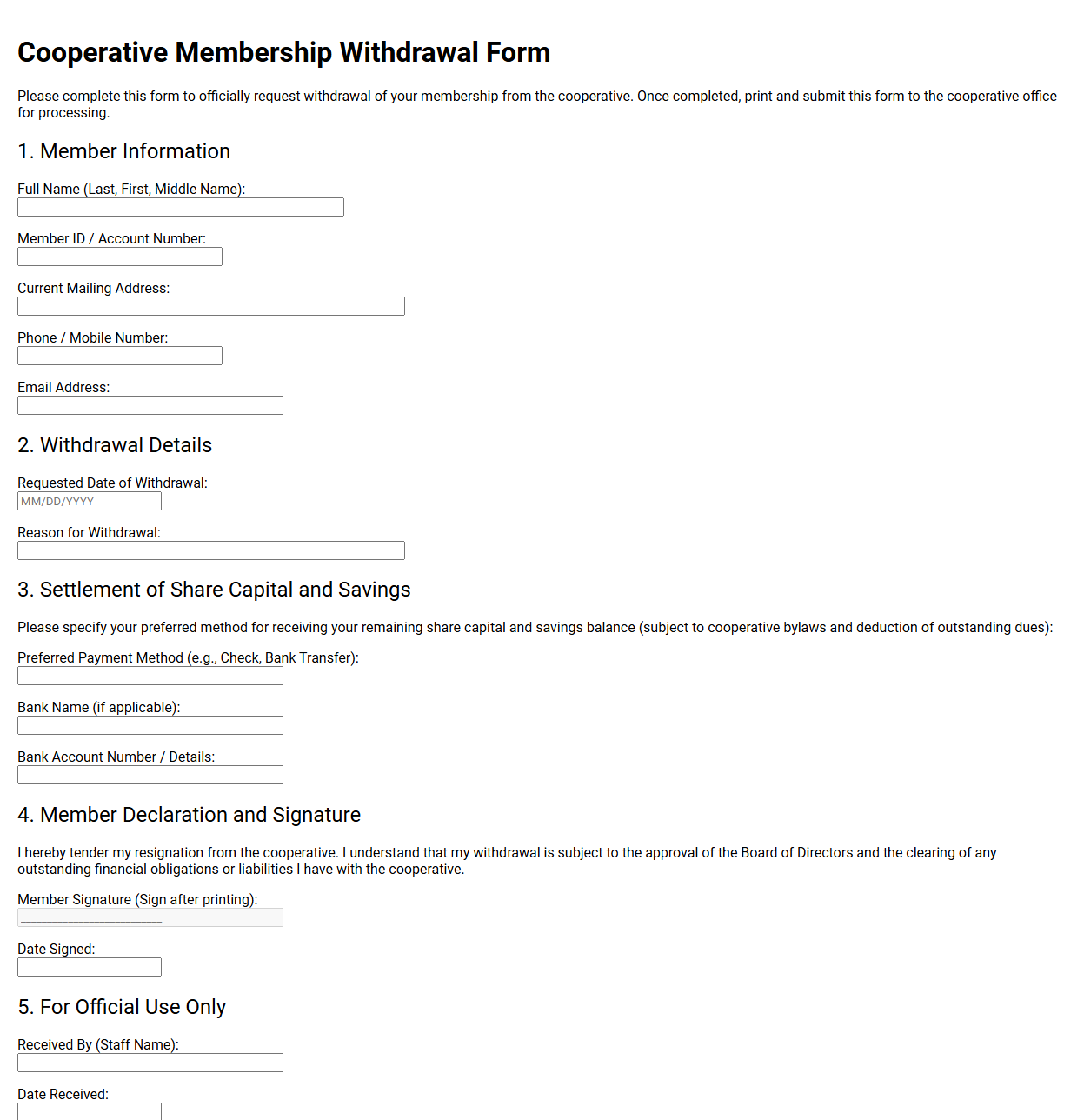 Cooperative Membership Withdrawal Form Template