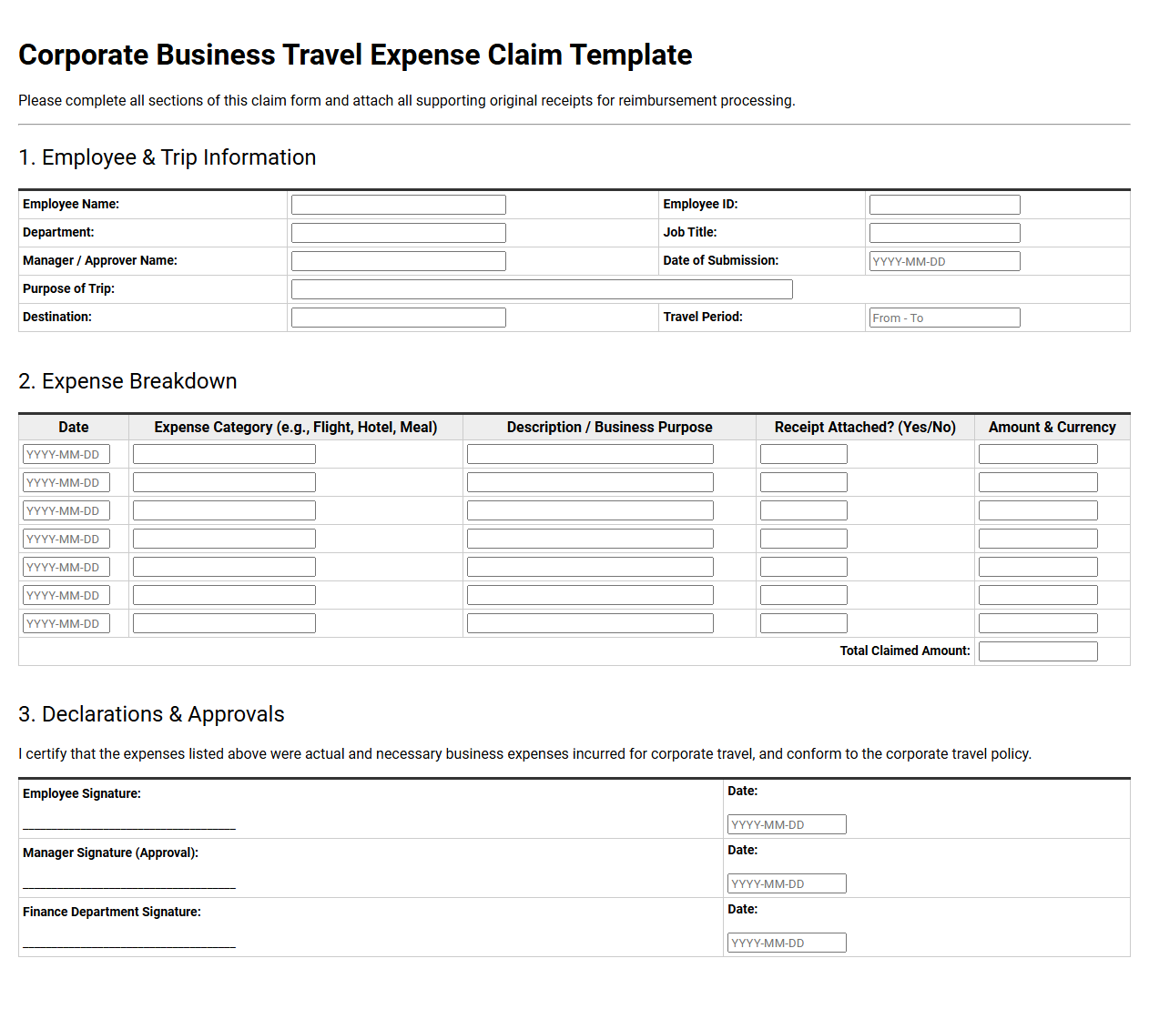 Corporate Business Travel Expense Claim Template