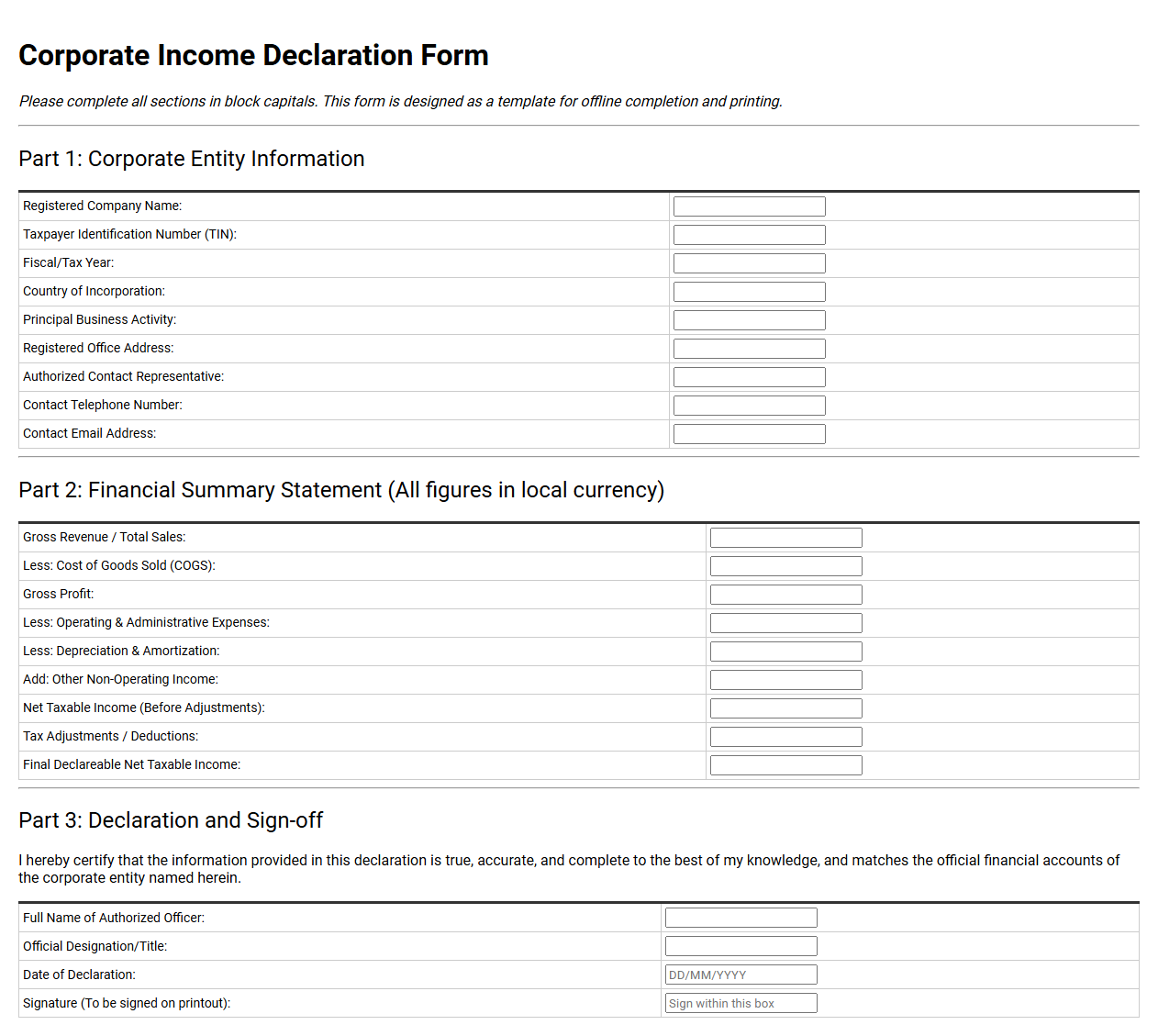 Corporate Income Declaration Form Template