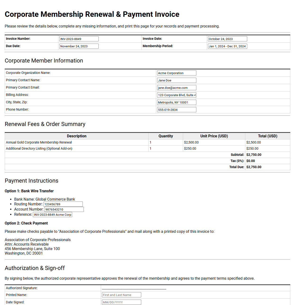 Corporate Membership Renewal and Payment Invoice