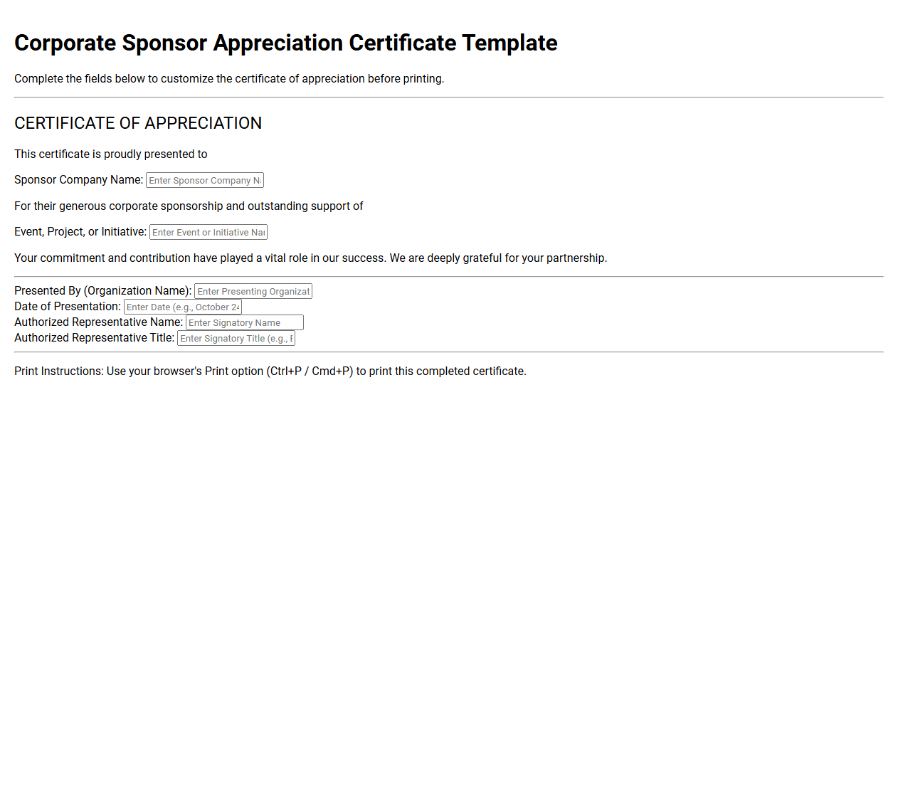 Corporate Sponsor Appreciation Certificate Template