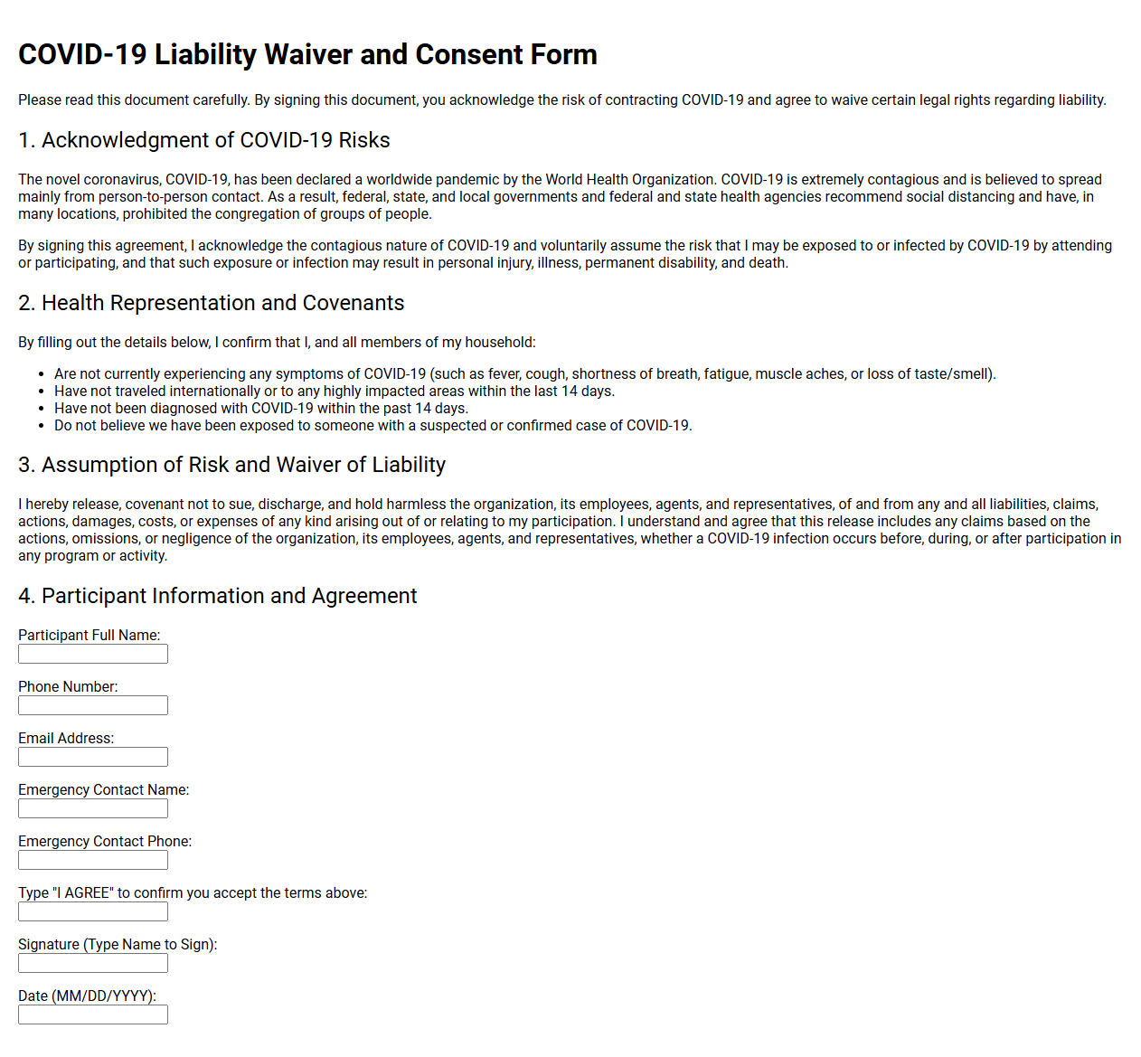 COVID-19 Liability Waiver and Consent Form