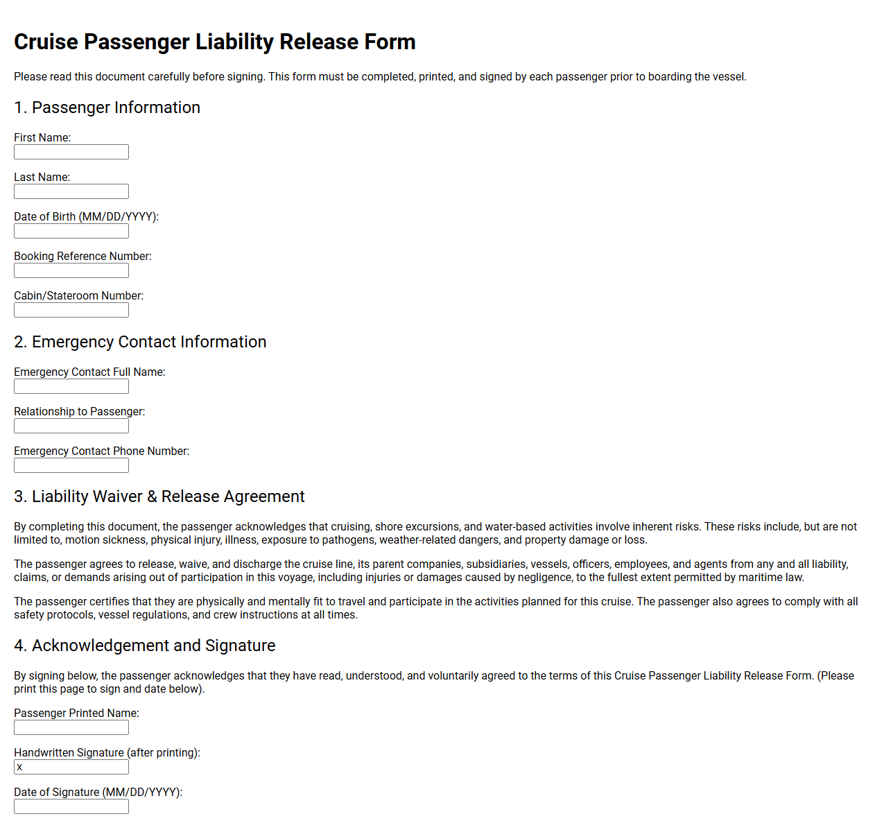 Cruise Passenger Liability Release Form
