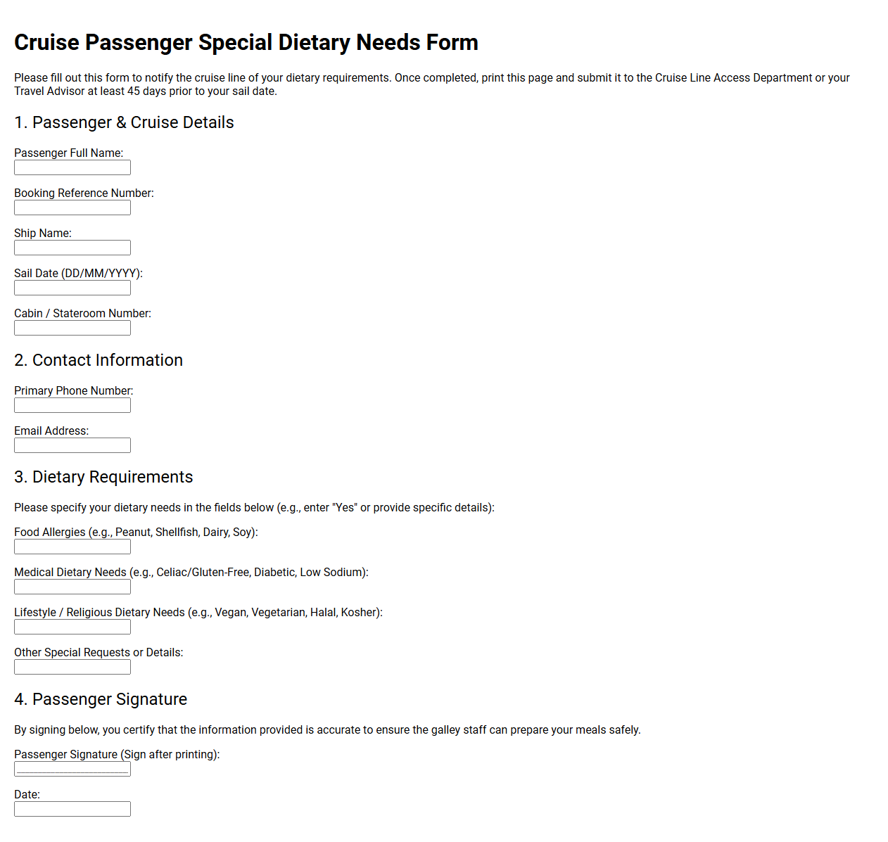 Cruise Passenger Special Dietary Needs Form