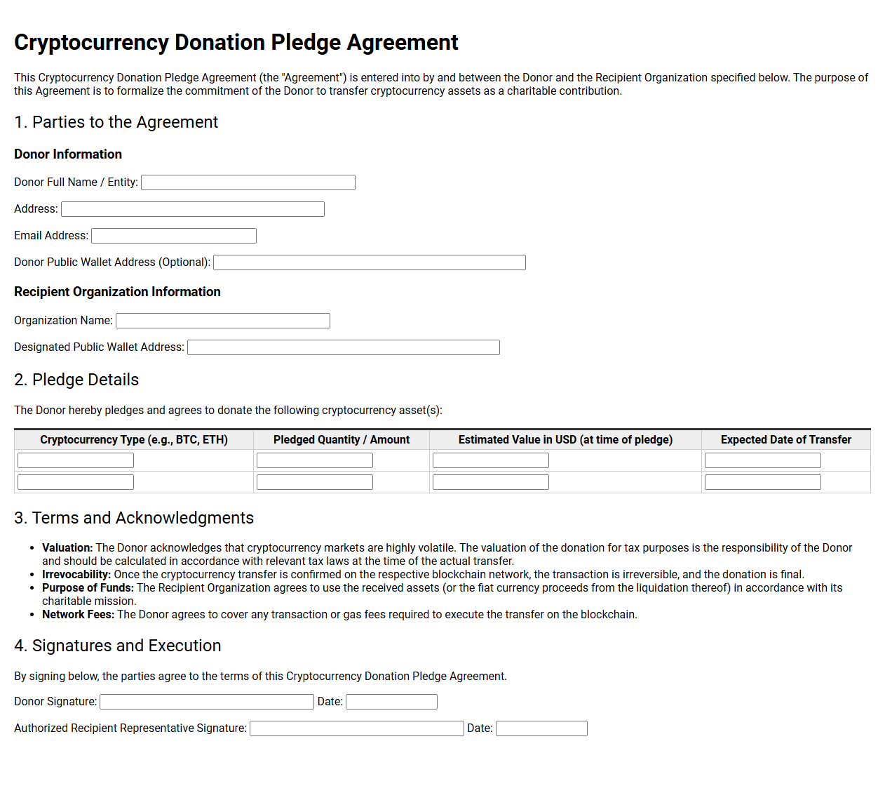 Cryptocurrency Donation Pledge Agreement