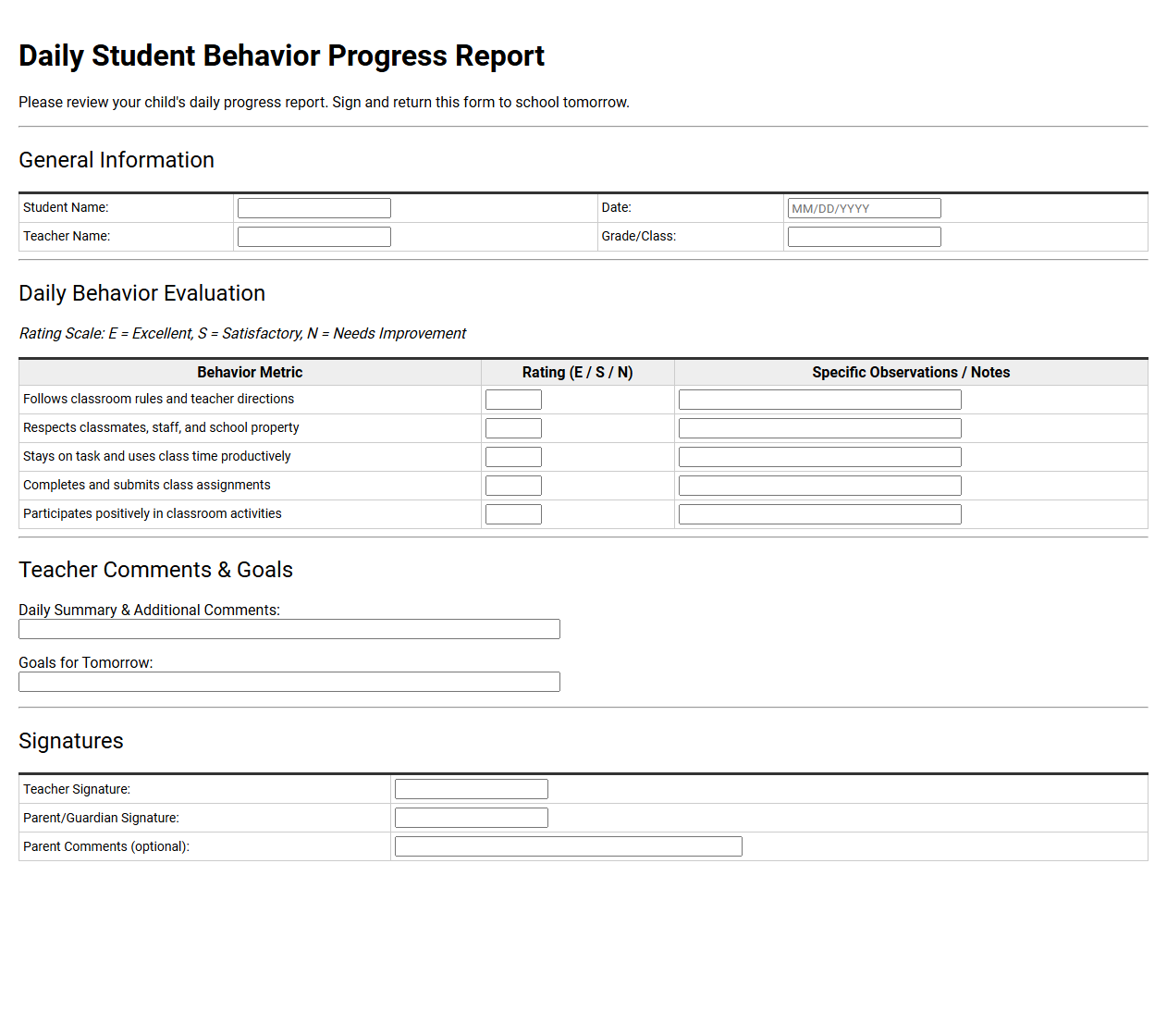 Daily Student Behavior Progress Report