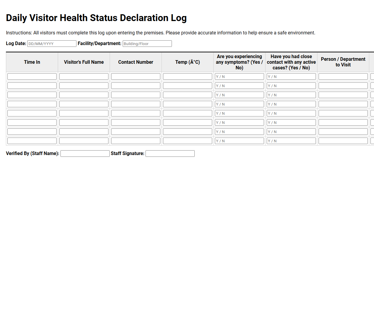 Daily Visitor Health Status Declaration Log