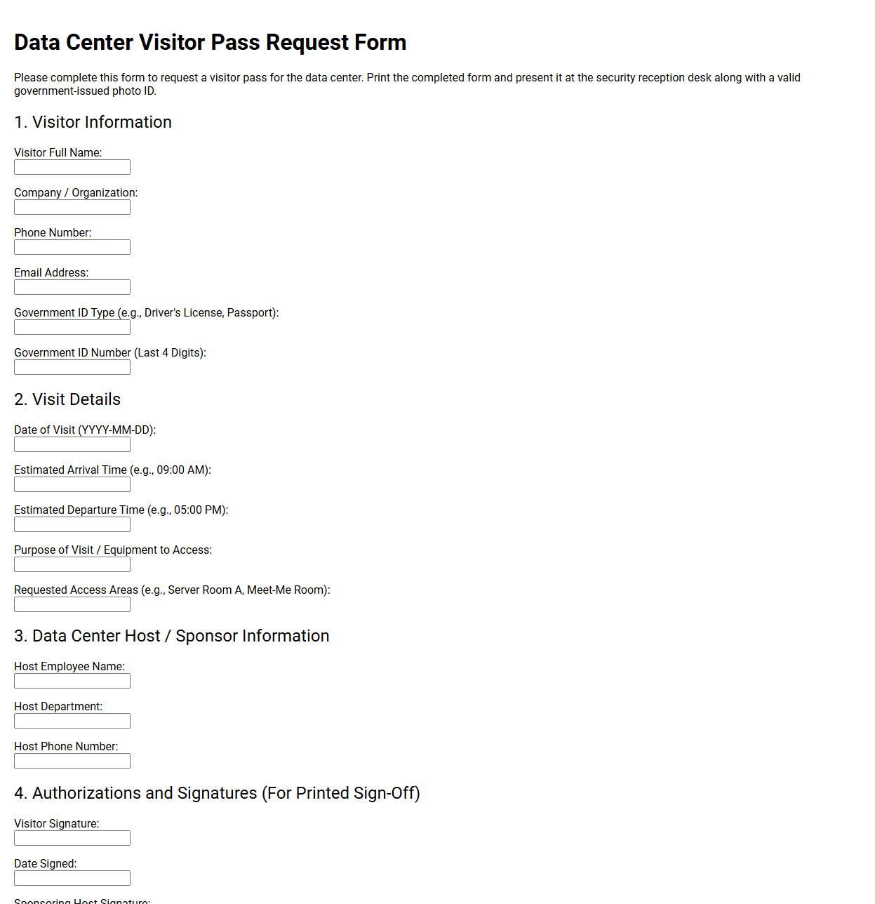 Data Center Visitor Pass Request Form